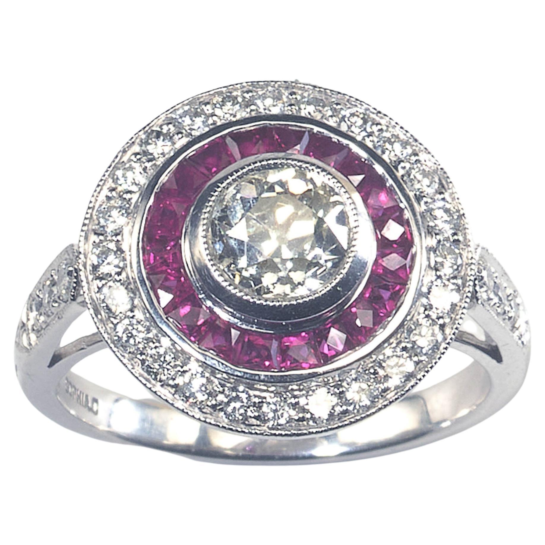 Ruby, Diamond and Platinum Cluster Ring, 0.93 Carat For Sale