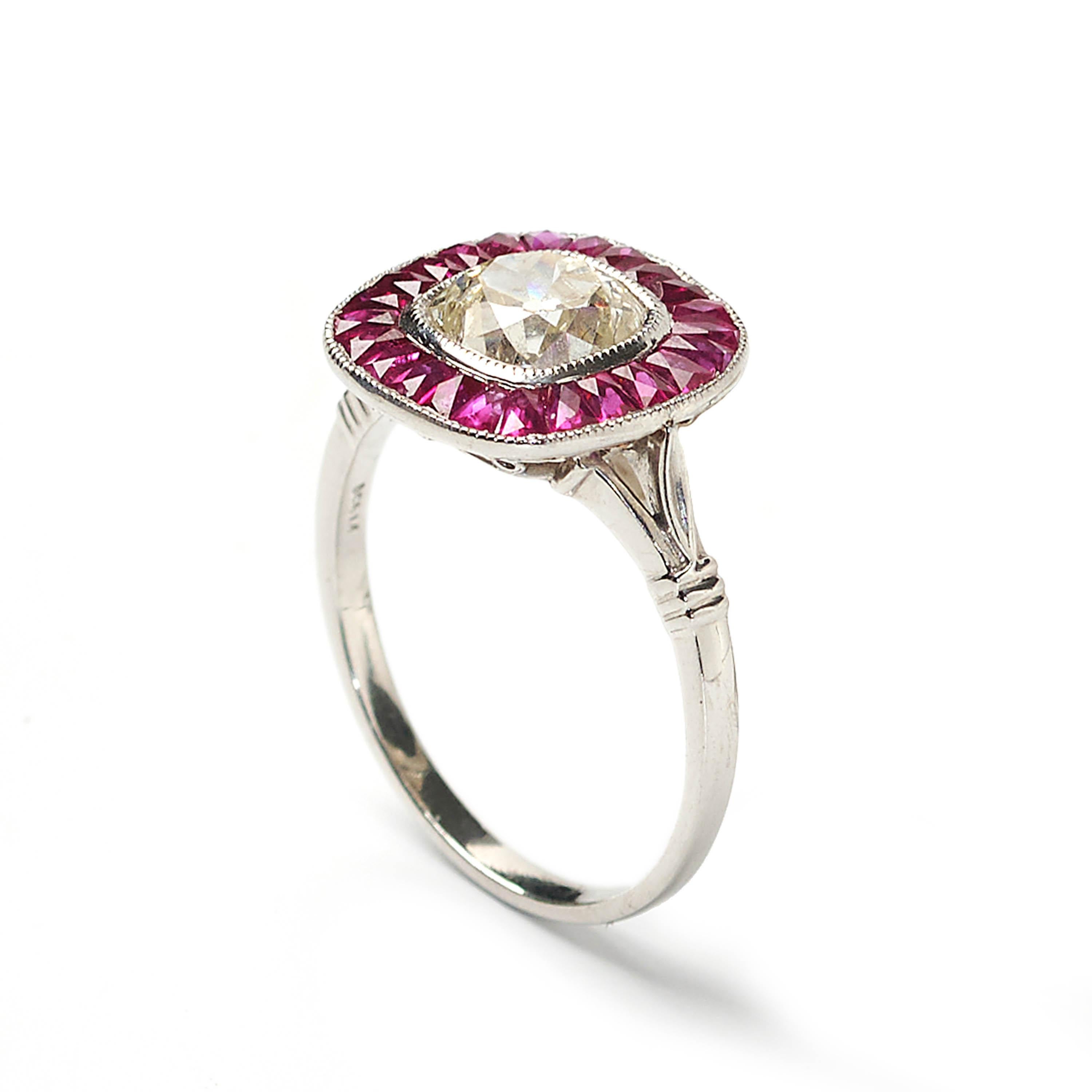 Art Deco Ruby, Diamond and Platinum Cluster Ring, 1.32 Carats For Sale