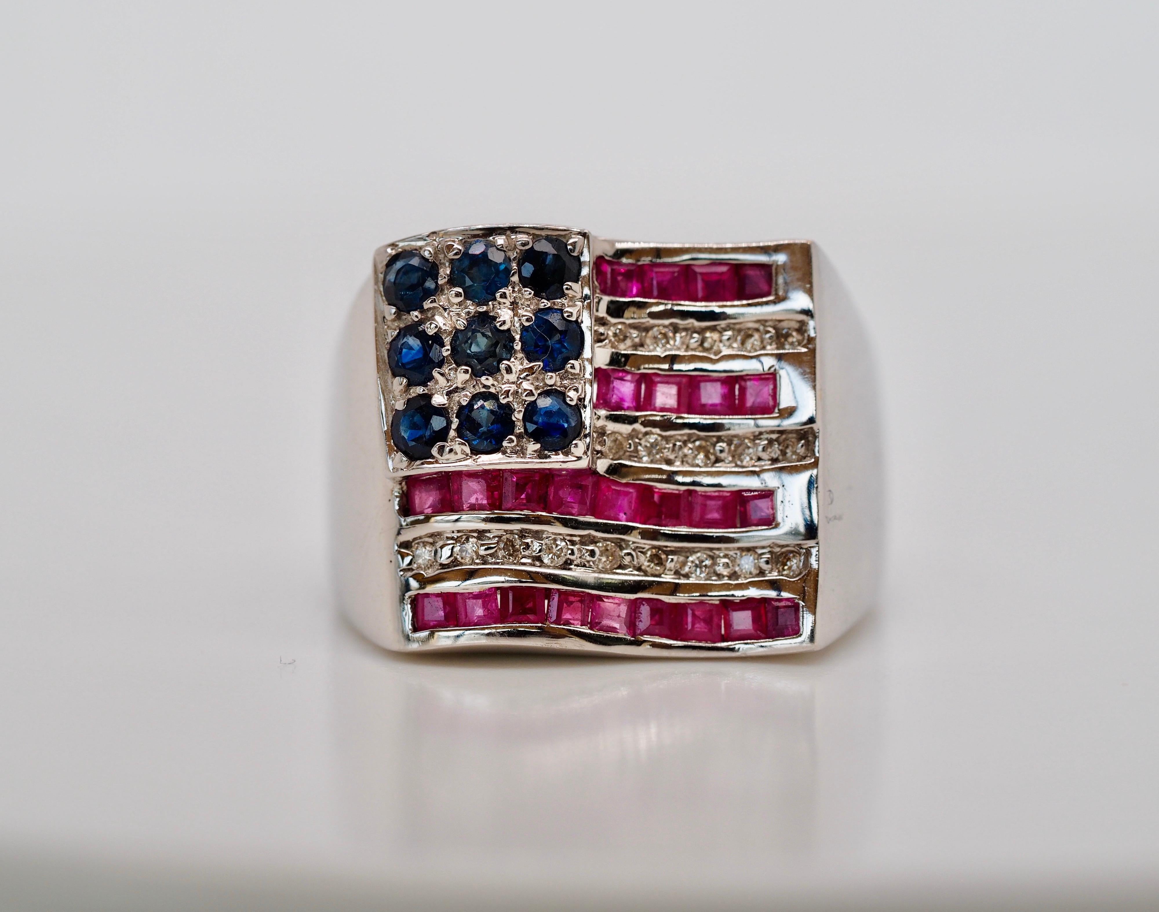Round Cut Ruby, Diamond and Sapphire American Flag Ring