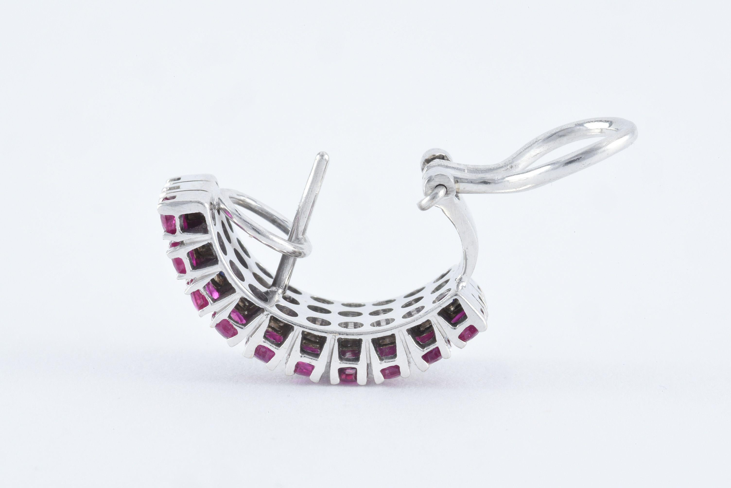 Contemporary Ruby, Diamond and Sapphire French Huggie Earrings For Sale