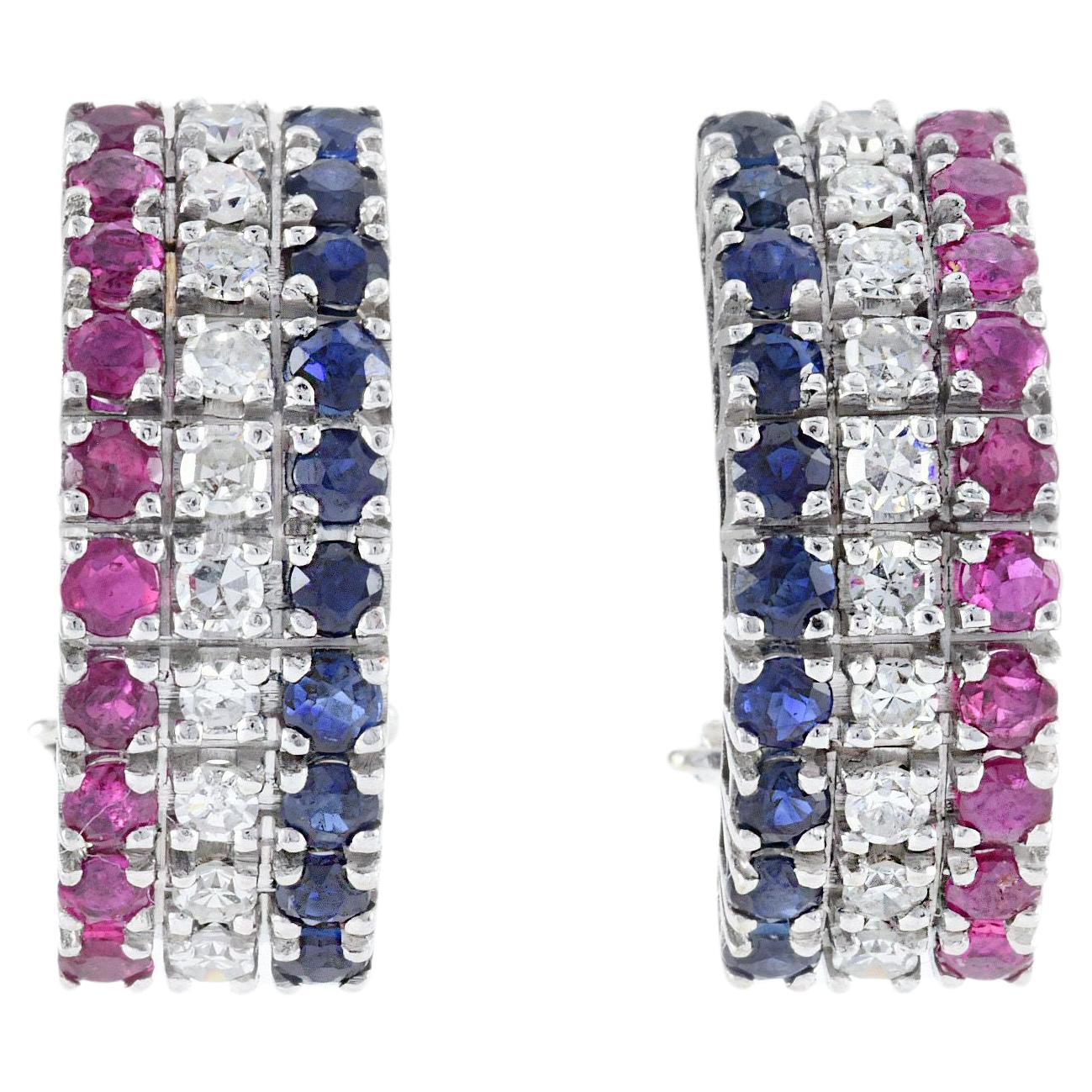 Ruby, Diamond and Sapphire French Huggie Earrings For Sale