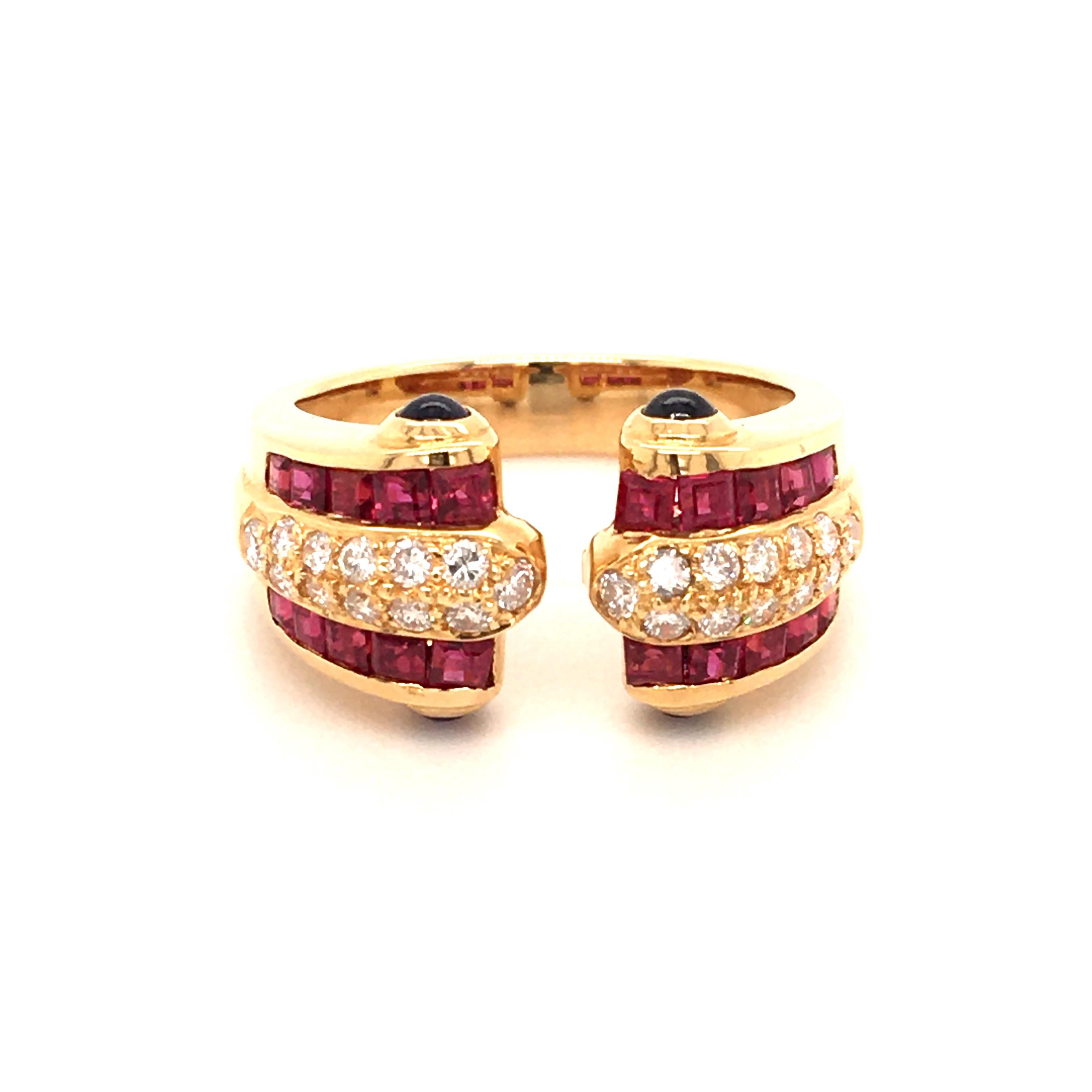 Elegant ring in 18 karat yellow gold set with 20 square cut rubies with an approximate total weight of 1.20 carats. Accented with 24 brilliant cut diamonds of G/H color and si clarity, total weight approximately 0.43 carats, and four sapphire