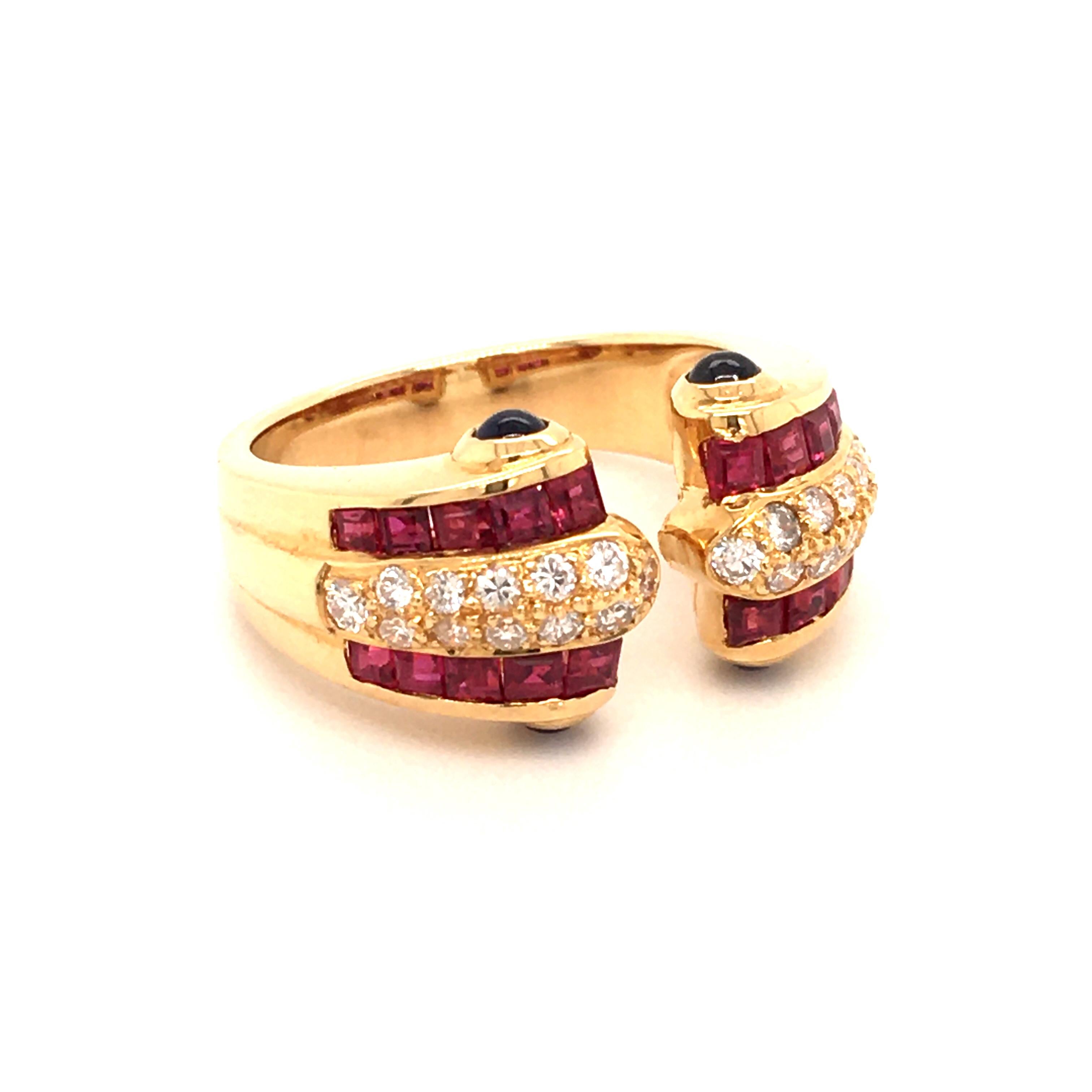 Contemporary Ruby, Diamond and Sapphire Ring in 18 Karat Yellow Gold
