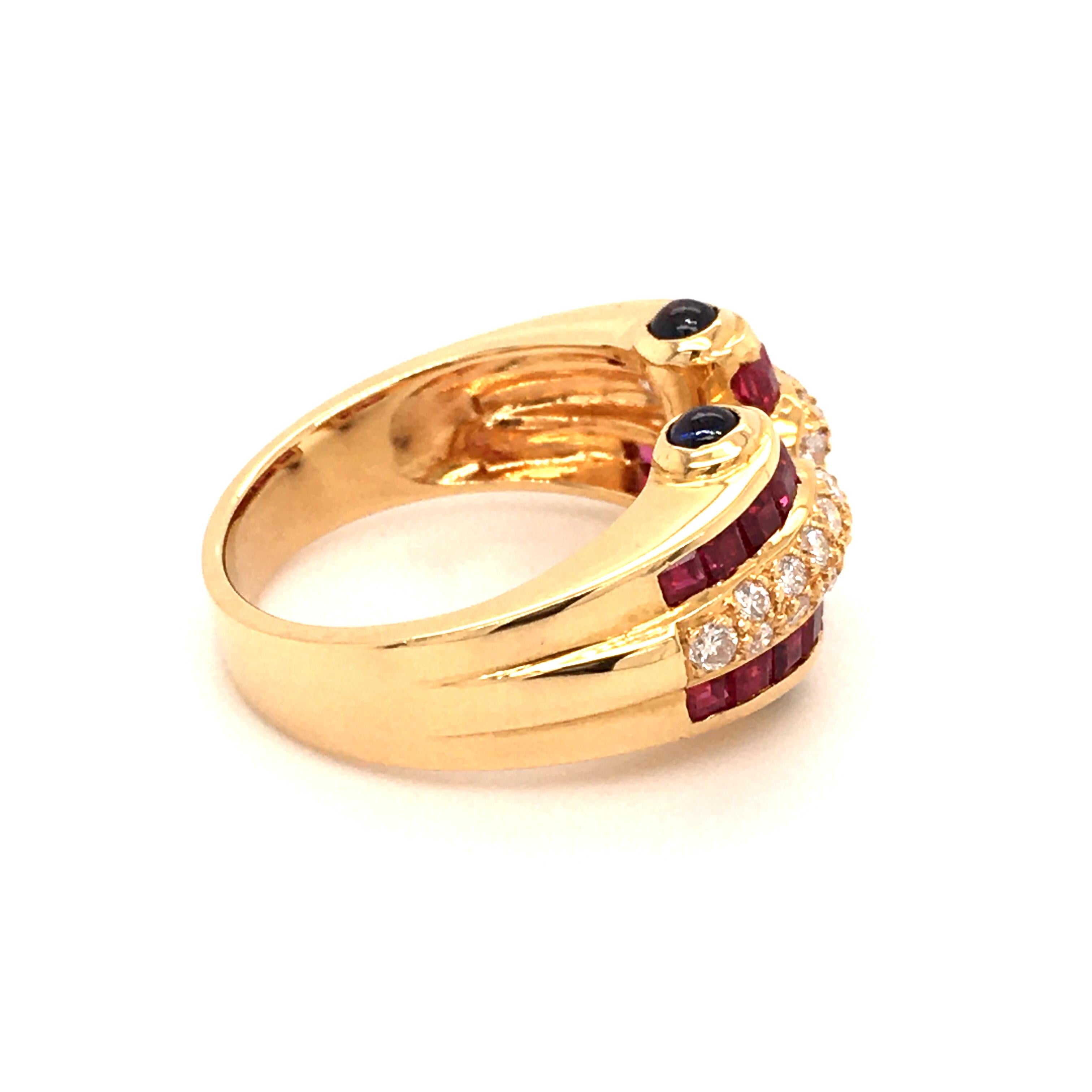 Square Cut Ruby, Diamond and Sapphire Ring in 18 Karat Yellow Gold