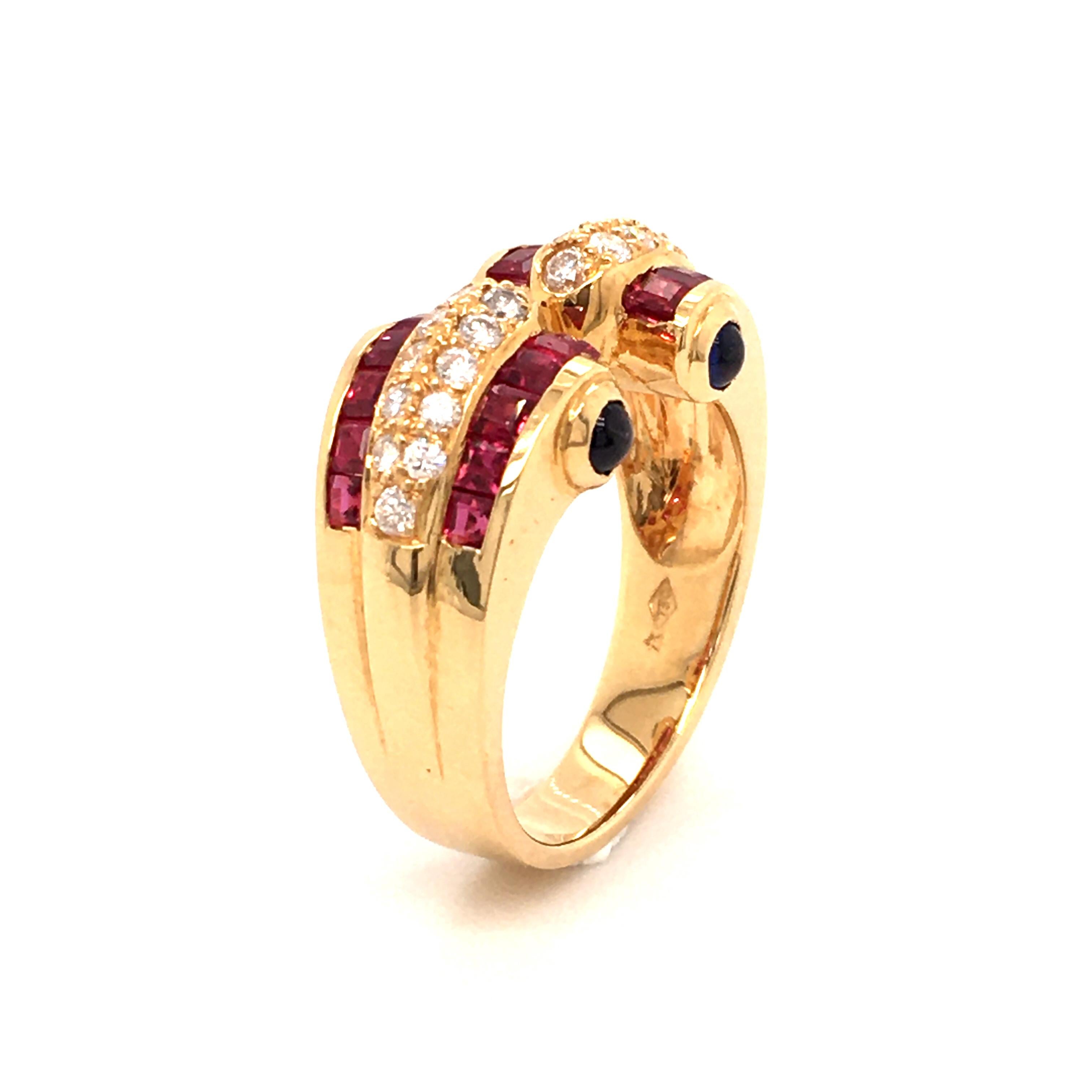 Women's or Men's Ruby, Diamond and Sapphire Ring in 18 Karat Yellow Gold