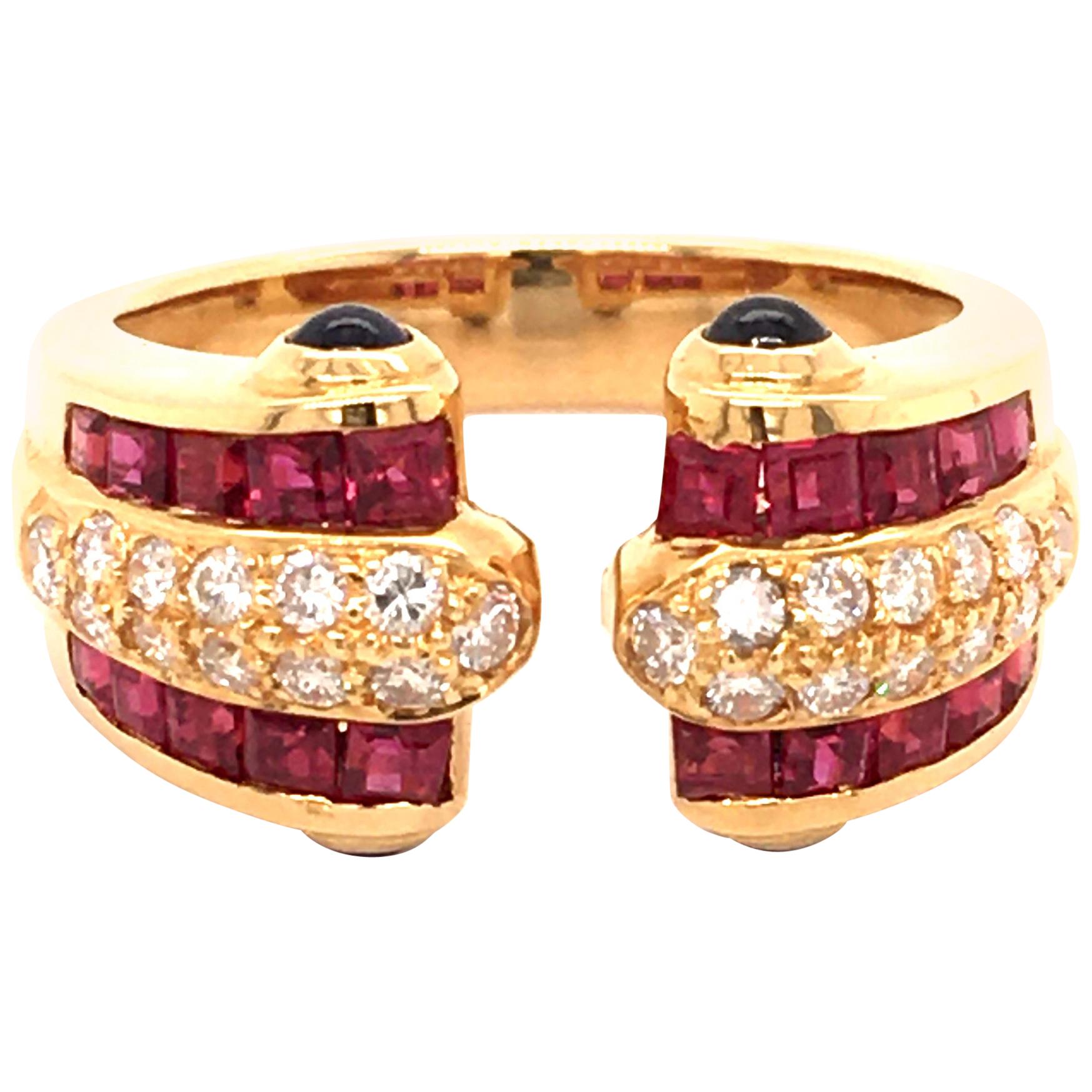 Ruby, Diamond and Sapphire Ring in 18 Karat Yellow Gold