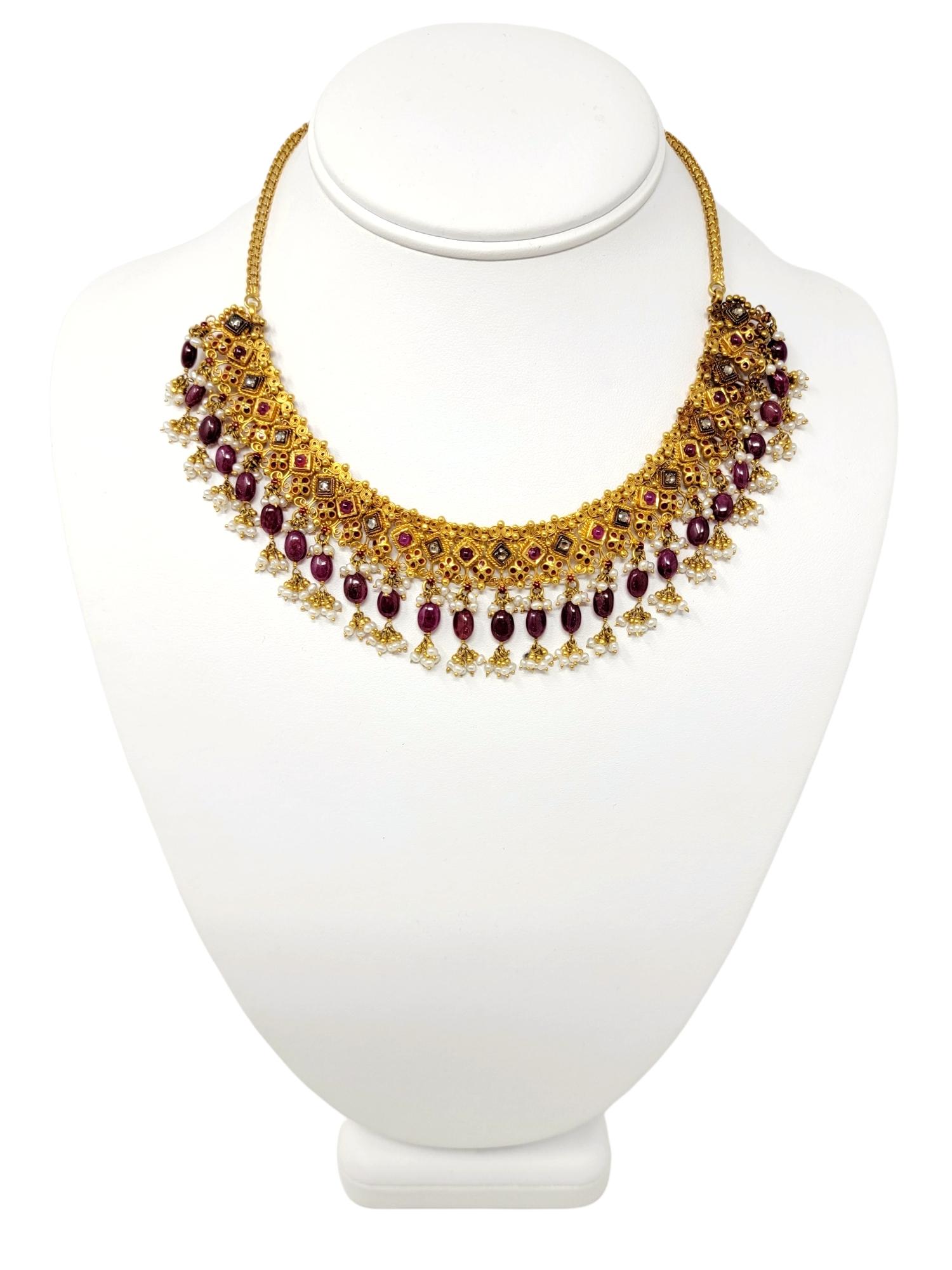 Ruby, Diamond and Seed Pearl Fringed 22 Karat Yellow Gold Ornate Choker Necklace In Good Condition In Scottsdale, AZ