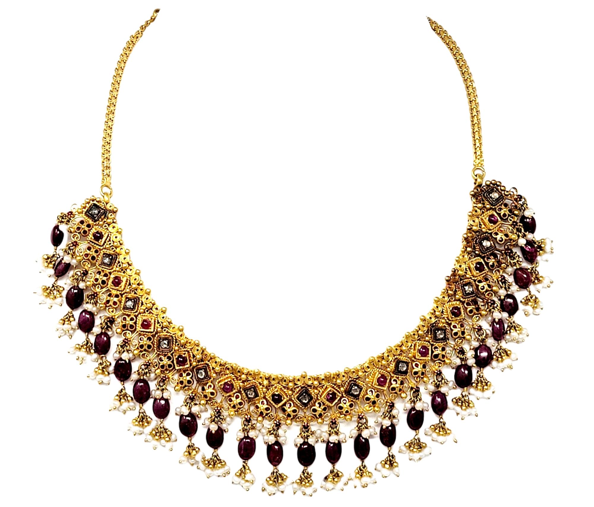 Women's Ruby, Diamond and Seed Pearl Fringed 22 Karat Yellow Gold Ornate Choker Necklace