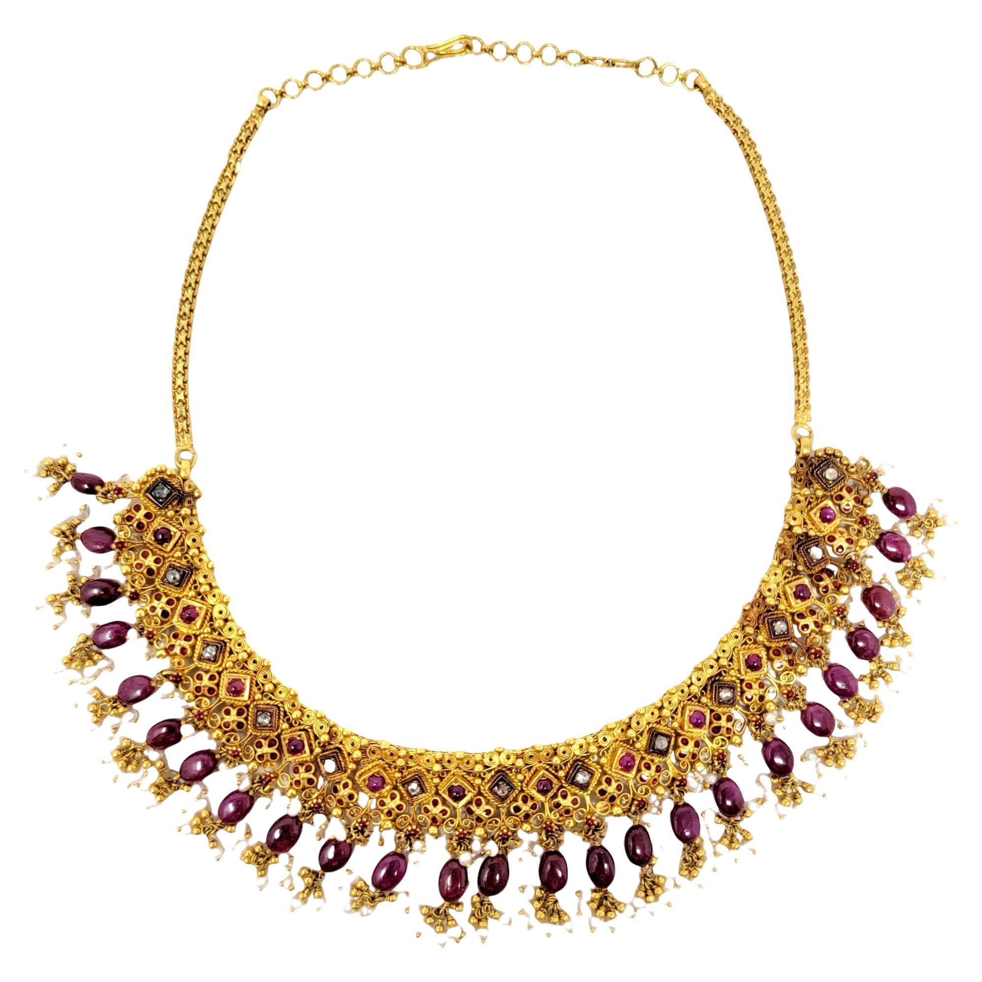 Ruby, Diamond and Seed Pearl Fringed 22 Karat Yellow Gold Ornate Choker  Necklace For Sale at 1stDibs