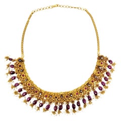 Ruby, Diamond and Seed Pearl Fringed 22 Karat Yellow Gold Ornate Choker Necklace