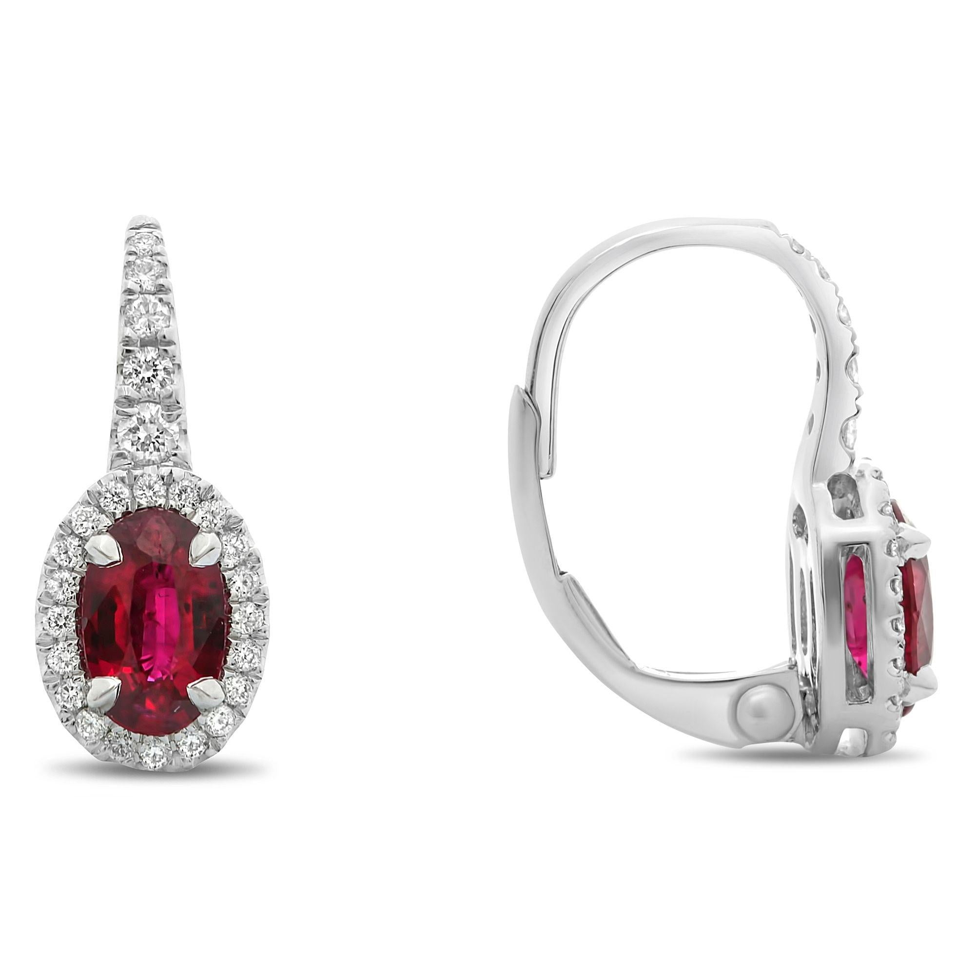 Ruby, Diamond, and White Gold Lever Back Earrings In New Condition For Sale In New York, NY
