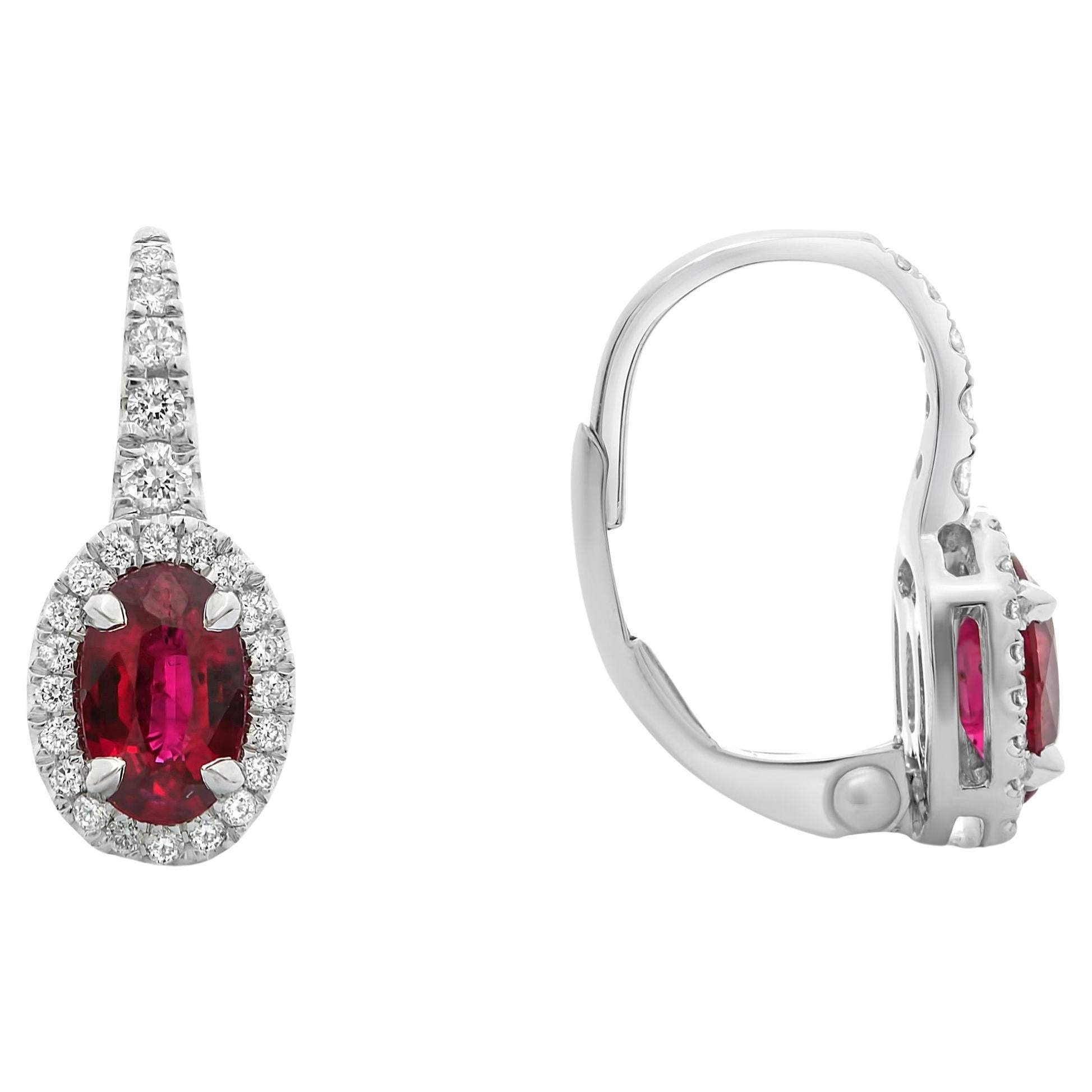 Ruby, Diamond, and White Gold Lever Back Earrings