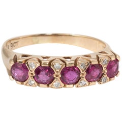 Ruby Diamond Anniversary Band Ring Vintage 9 Karat Yellow Gold Estate Jewelry