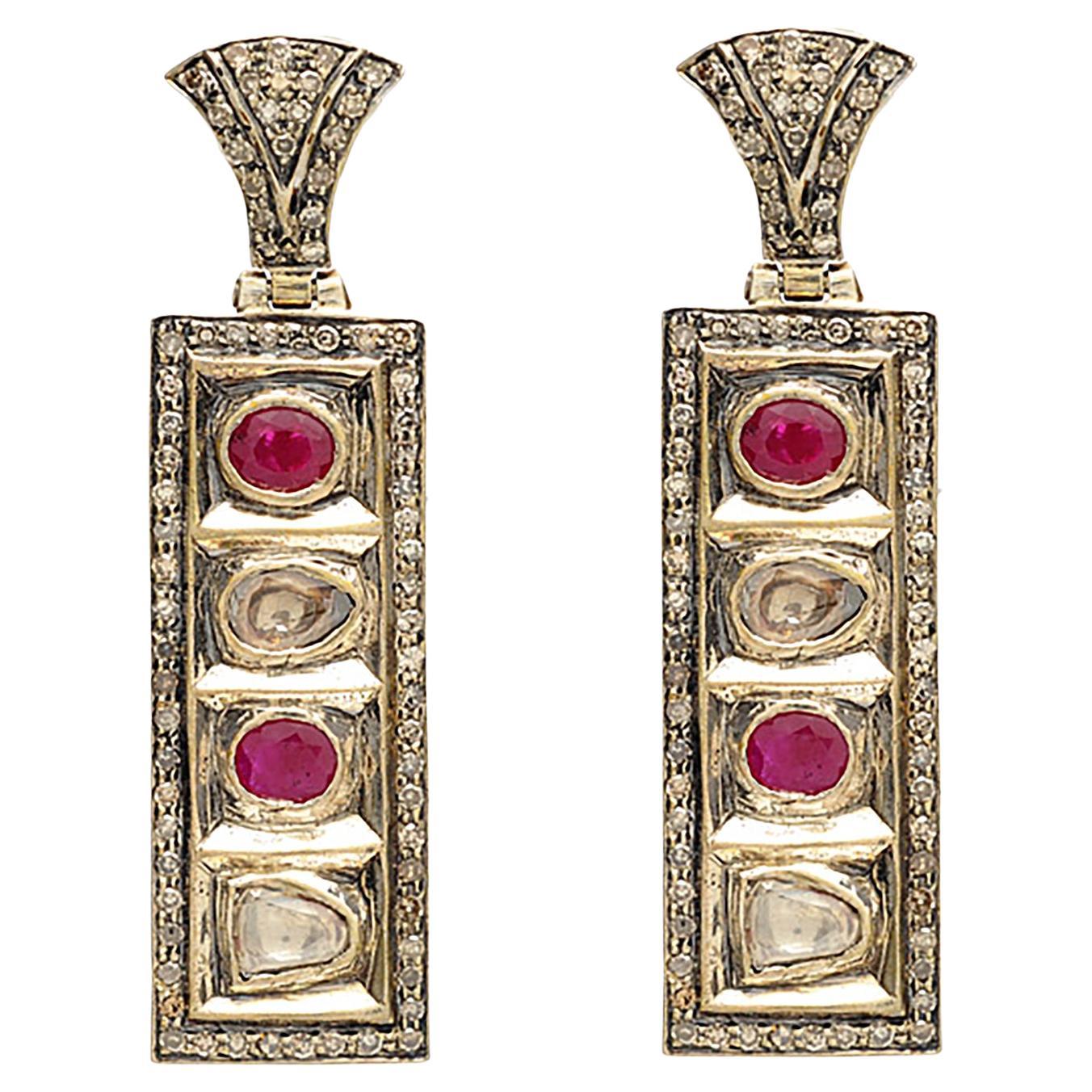 Ruby 
Diamond Art Deco Geometric Drop Earrings In 18K Gold 
Silver For Sale