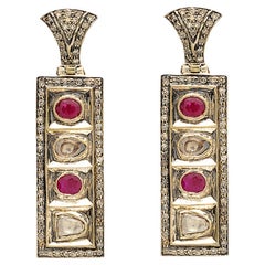 Ruby & Diamond Art Deco Geometric Drop Earrings In 18K Gold & Silver