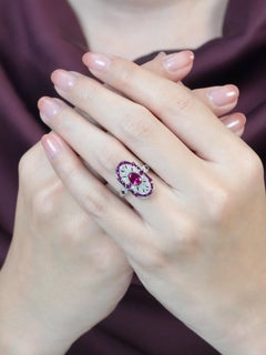 Ruby Diamond Art Deco Style Dinner Ring in 18K White Gold