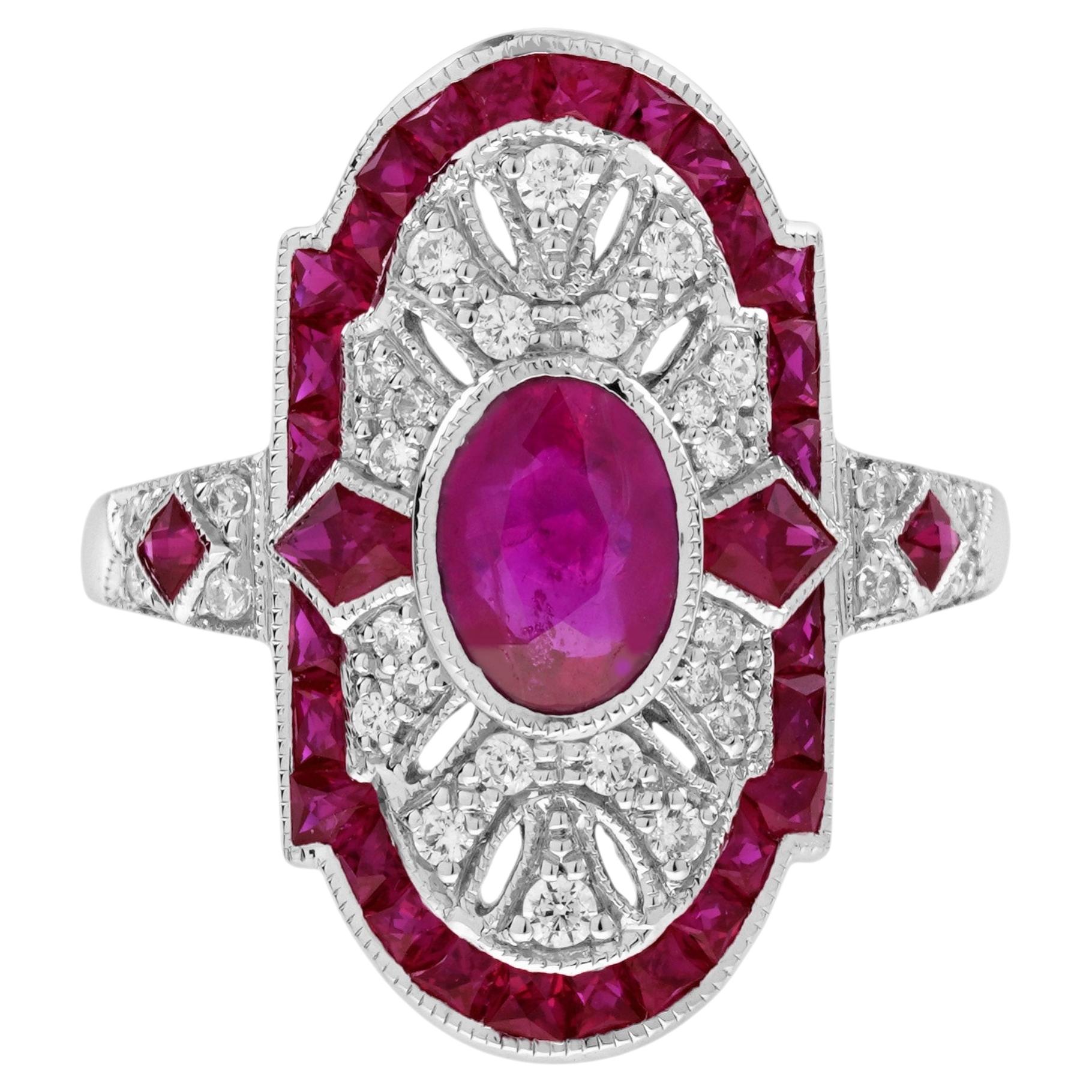 Ruby Diamond Art Deco Style Dinner Ring in 18K White Gold For Sale