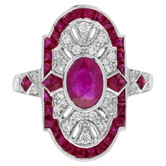 Ruby Diamond Art Deco Style Dinner Ring in 18K White Gold