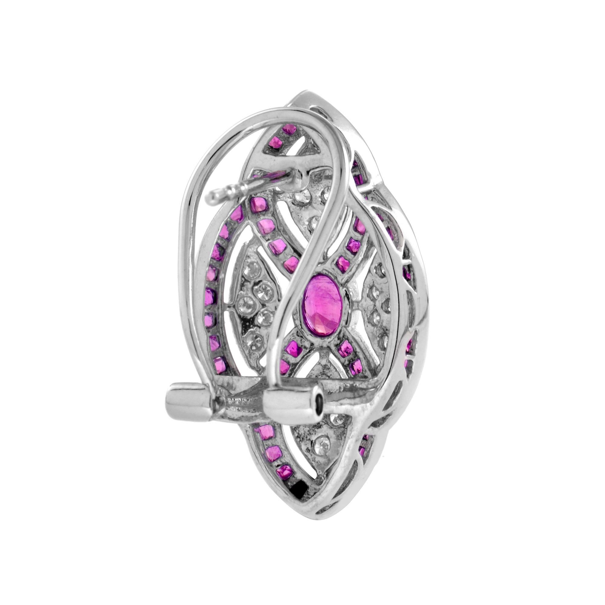 Art déco Boucles d'oreilles en or blanc 18K avec rubis et diamants de style Art Déco en vente