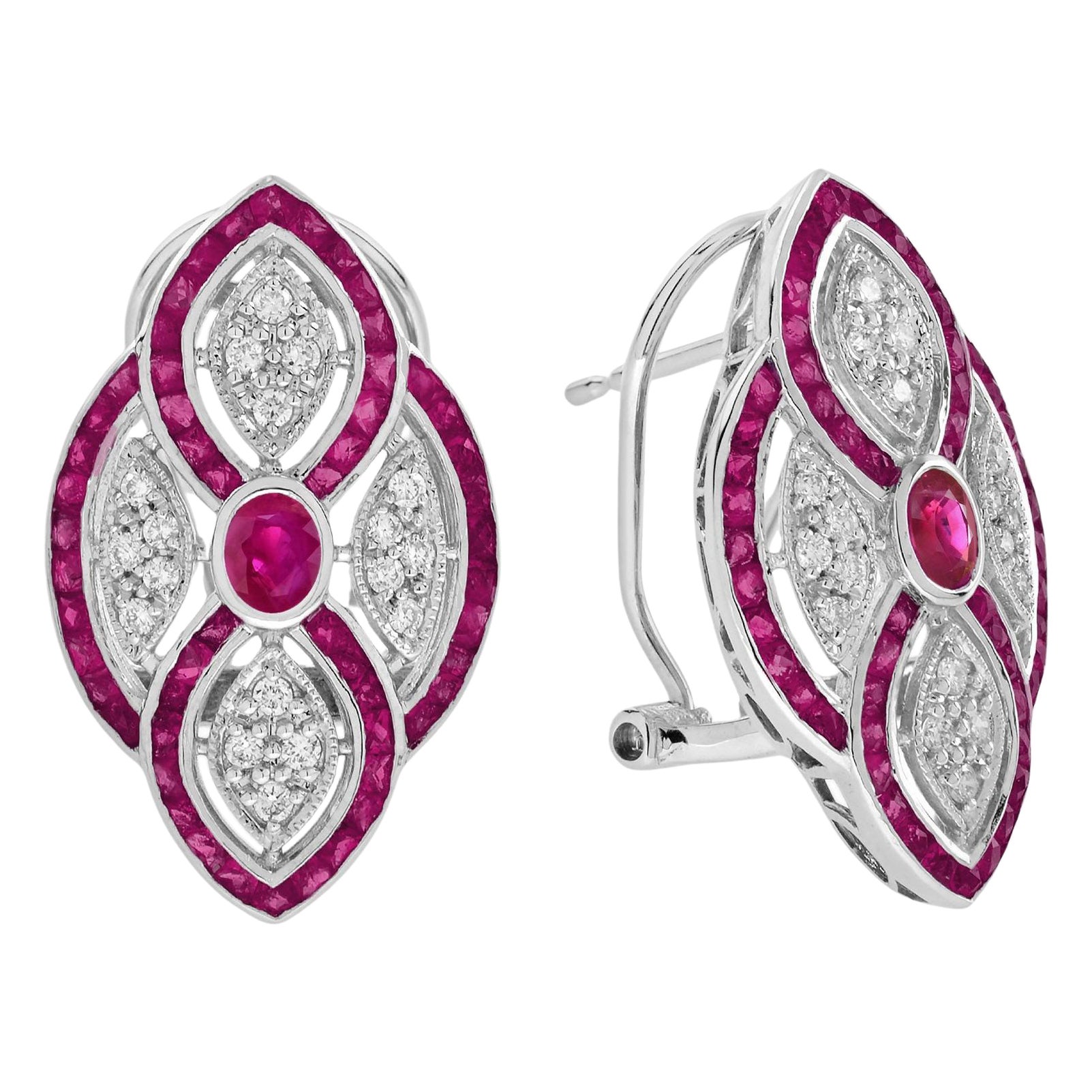 Pendientes de oro blanco de 18 quilates estilo Art Decó con rubíes y diamantes en venta