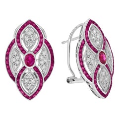 Ruby & Diamond Art Deco Style Lever Back 18K White Gold Earrings