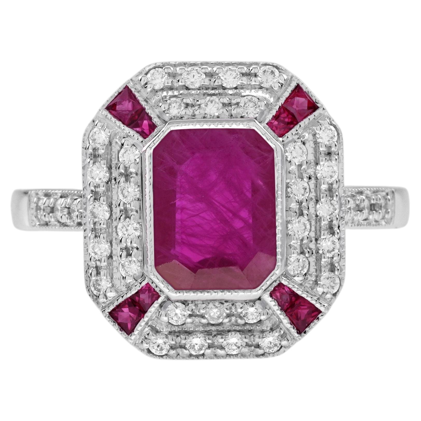 Ruby Diamond Art Deco Style Octagonal Plaque Engagement Ring in 18K White Gold For Sale