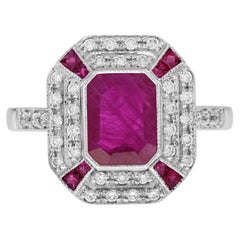 Ruby Diamond Art Deco Style Octagonal Plaque Engagement Ring in 18K White Gold