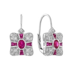 Ruby Diamond Art Deco Style Pendant and Earrings Jewelry Set in 14K White Gold