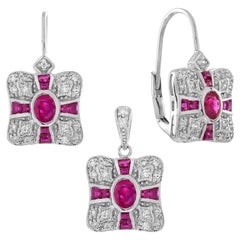 Ruby Diamond Art Deco Style Pendant and Earrings Jewelry Set in 14K White Gold