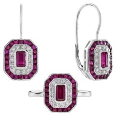 Ruby Diamond Art Deco Style Ring Lever Back Earrings Jewelry Set in 14K Gold