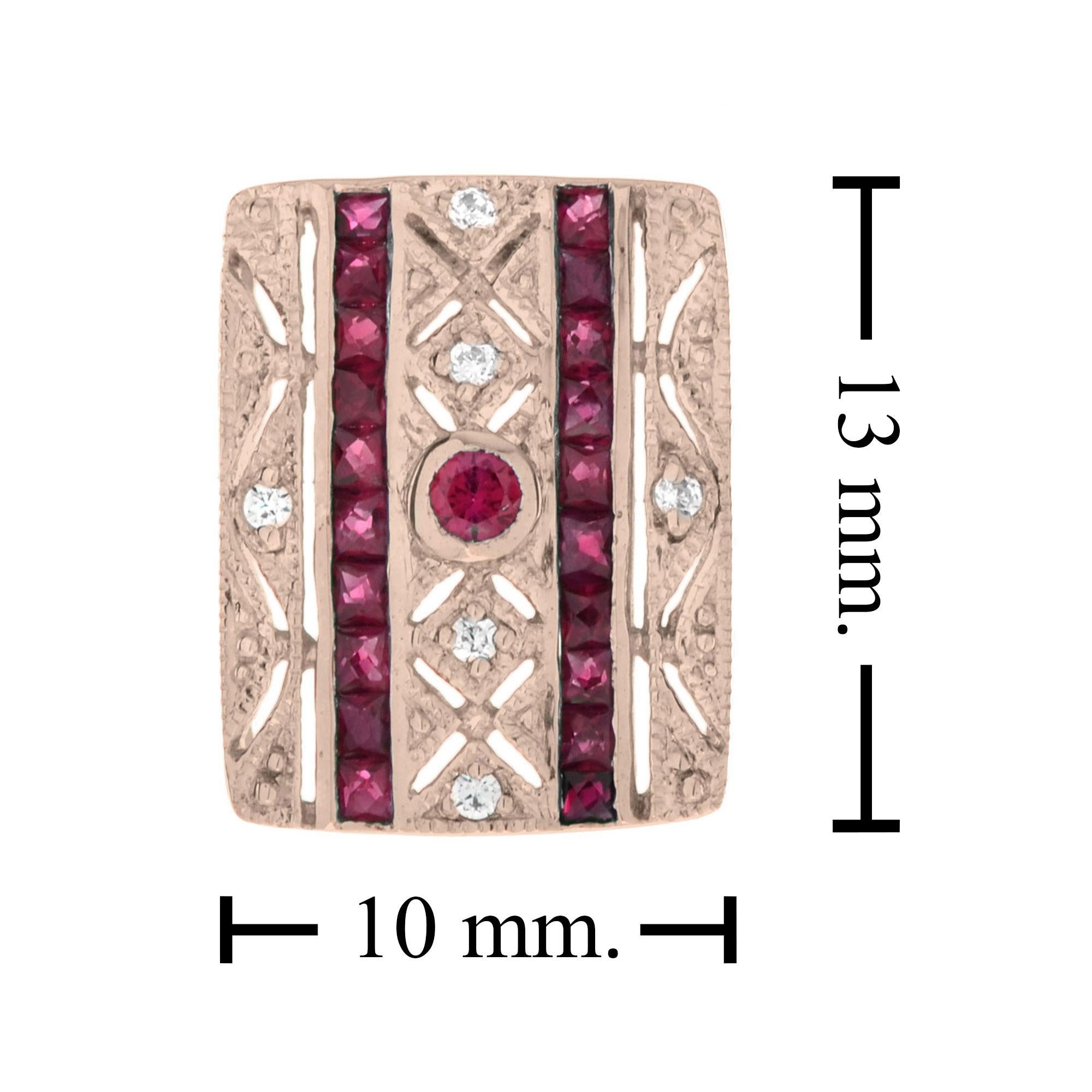 A beautiful pair of Art Deco style millgrain and open work square shape stud earrings featuring 2 round and 40 French cut rubies with total of 0.06 carats diamonds. These simple and classic earrings are perfect to wear anytime. 14K Rose Gold.
