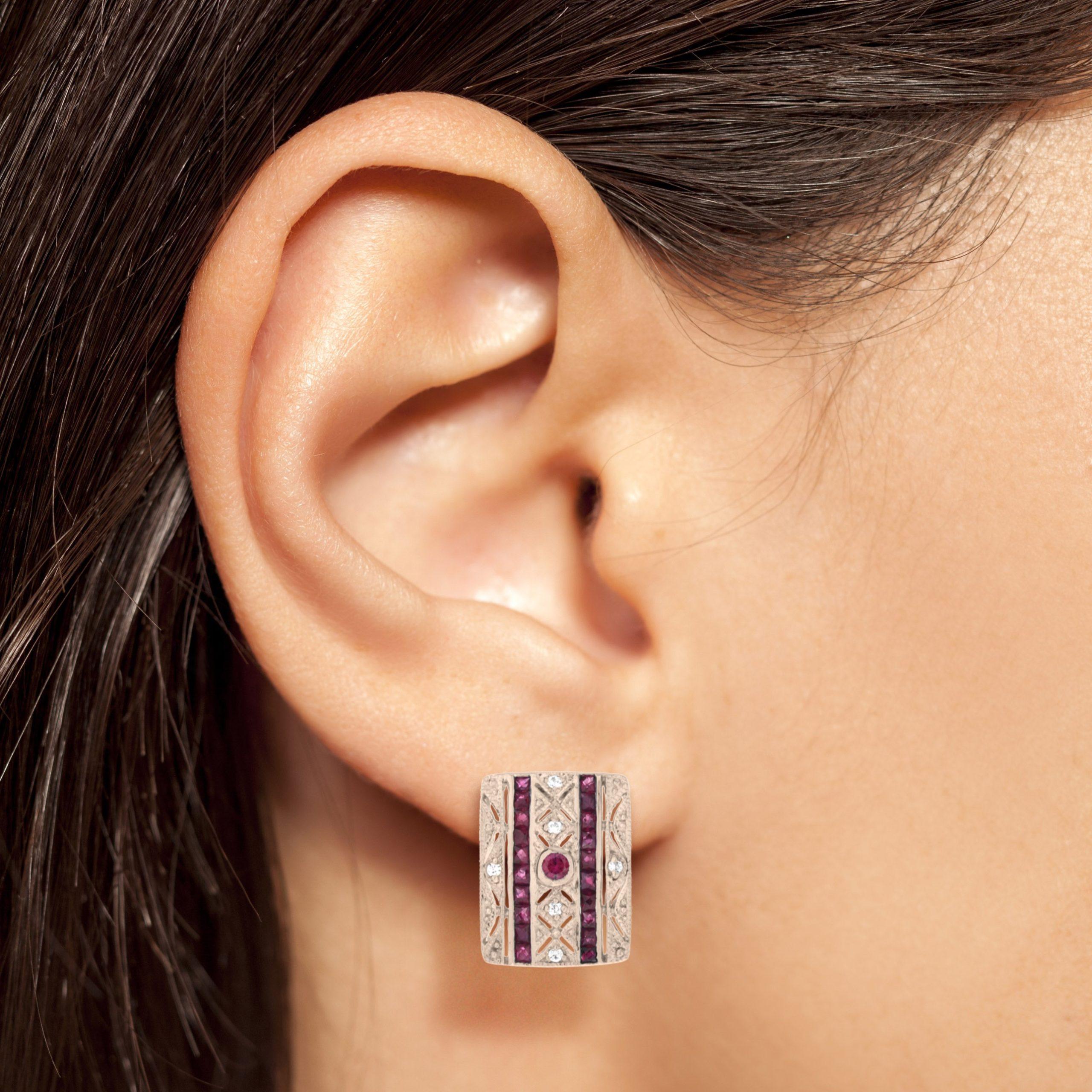 Round Cut Ruby & Diamond Art Deco Style Square 14K Rose Gold Stud Earrings For Sale