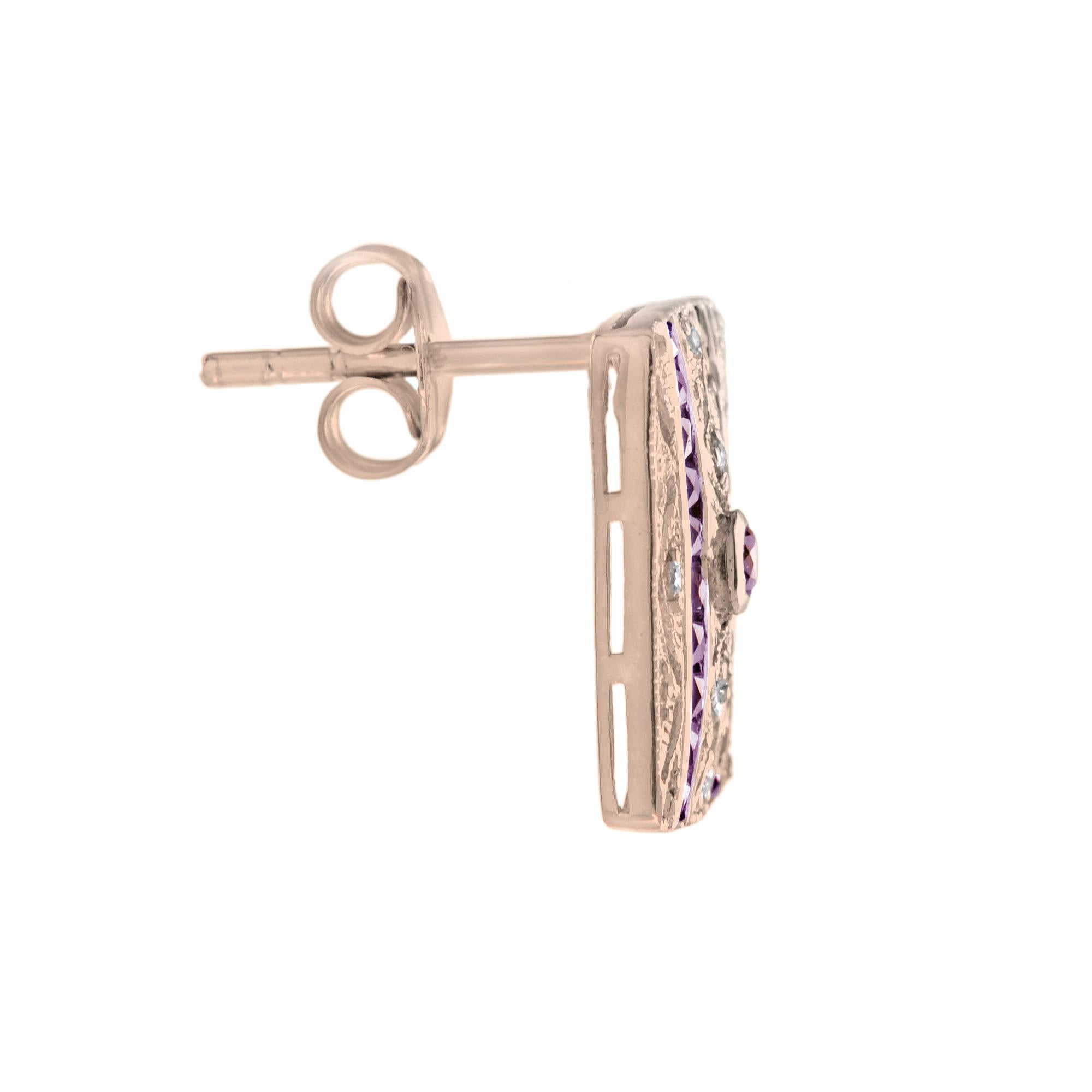 Ruby & Diamond Art Deco Style Square 14K Rose Gold Stud Earrings In New Condition For Sale In Oakton, VA