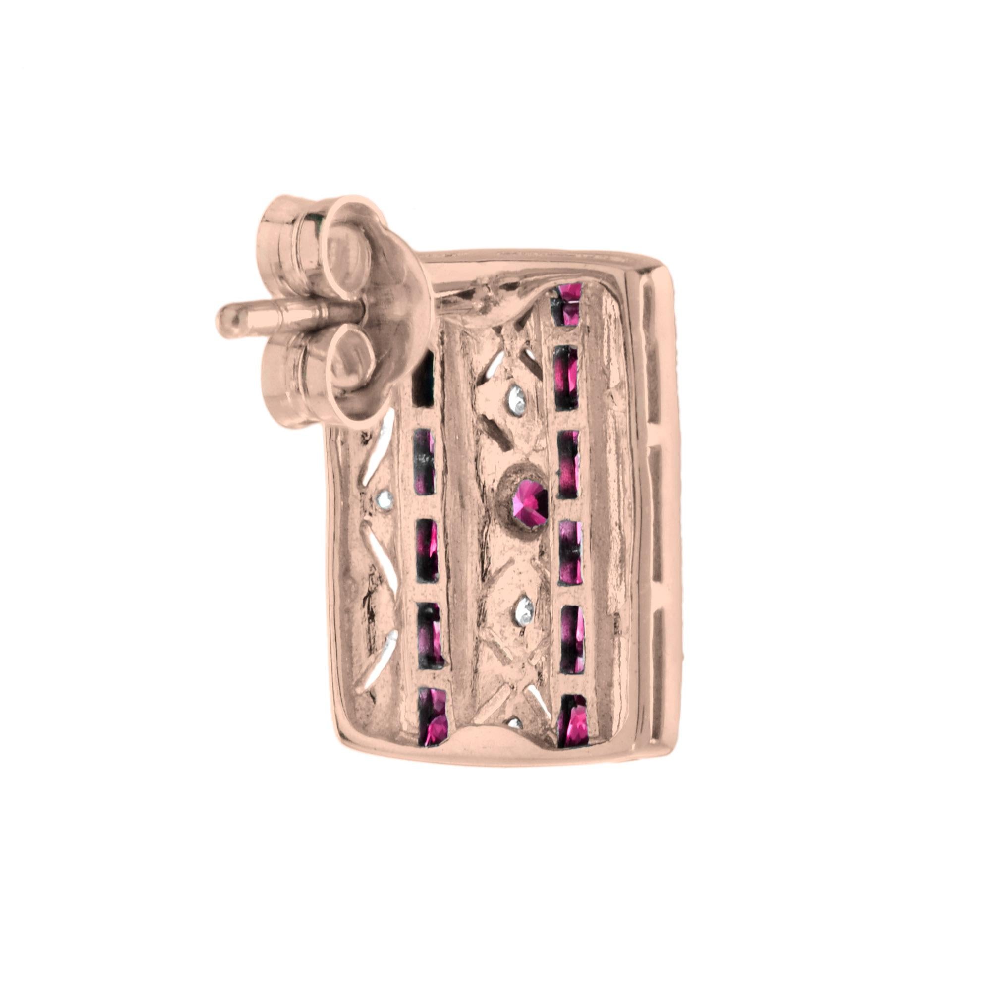 Women's Ruby & Diamond Art Deco Style Square 14K Rose Gold Stud Earrings For Sale