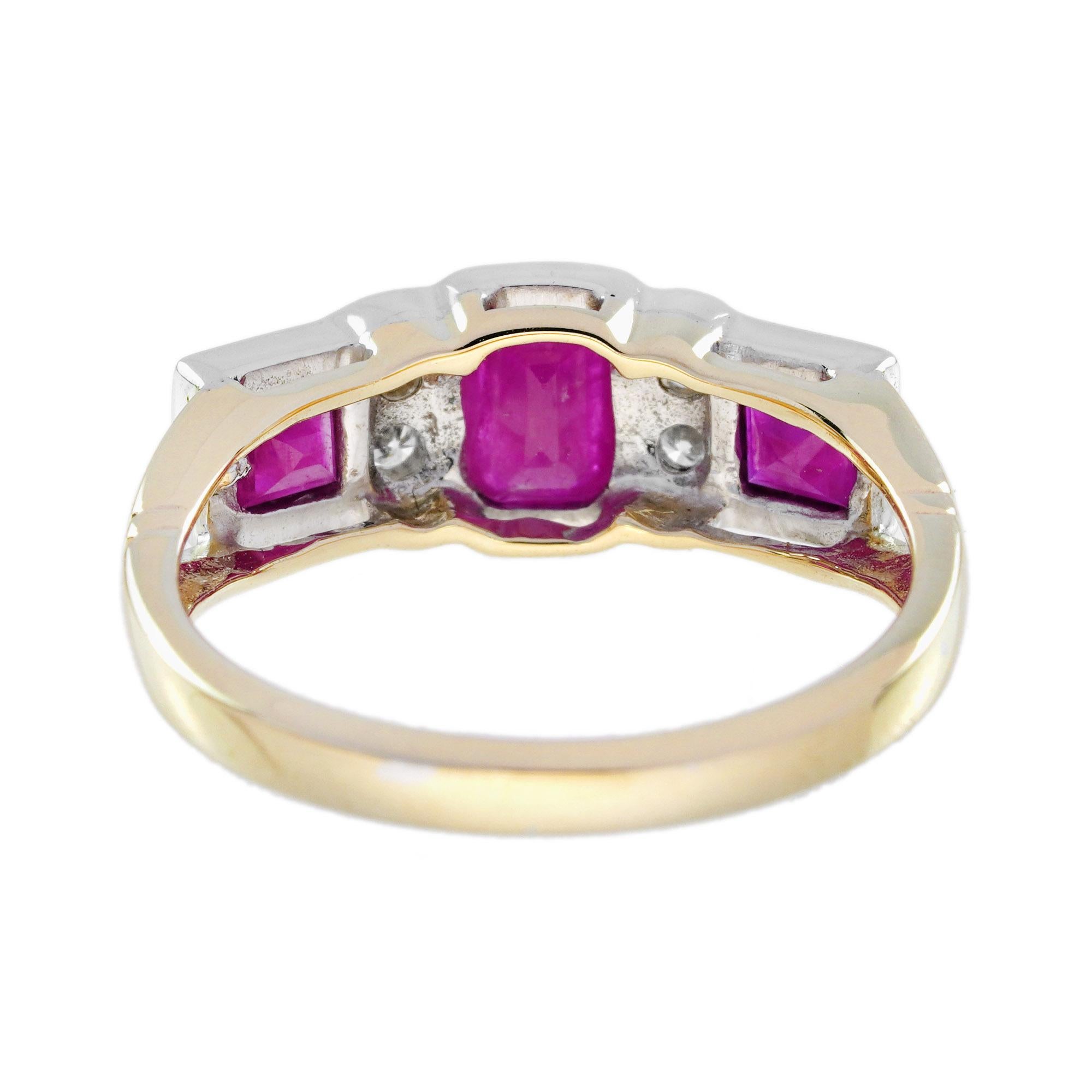 De las mujeres Rubí Diamante Anillo de Tres Piedras Estilo Art Decó en Oro Amarillo de 9 K en venta