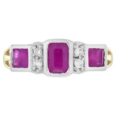 Rubin-Diamant-Ring im Art Deco Stil mit drei Steinen aus 9K Gelbgold