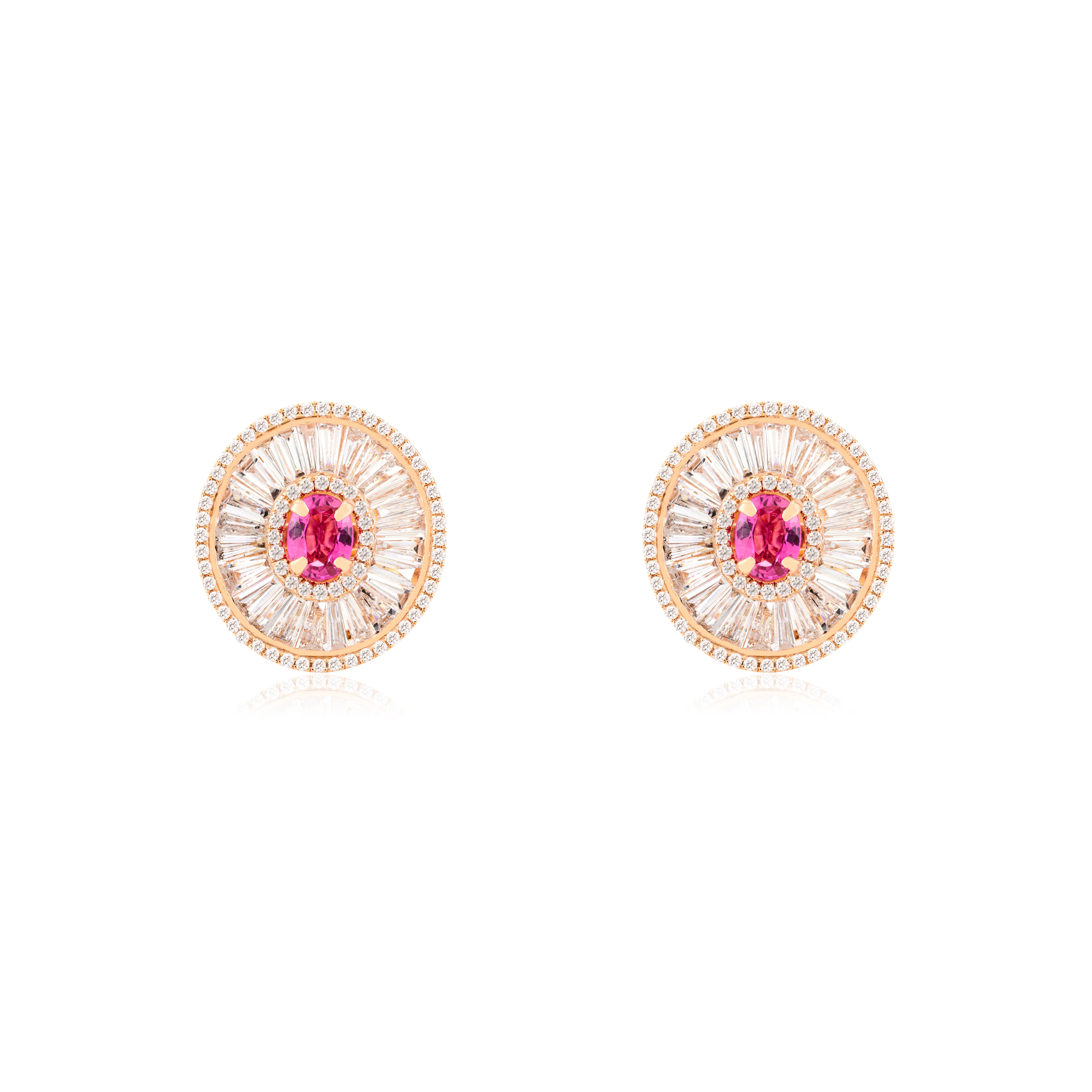 Modern Ruby Diamond Baguette Diamond Oval Wedding Stud Earrings in 18k Rose Gold For Sale