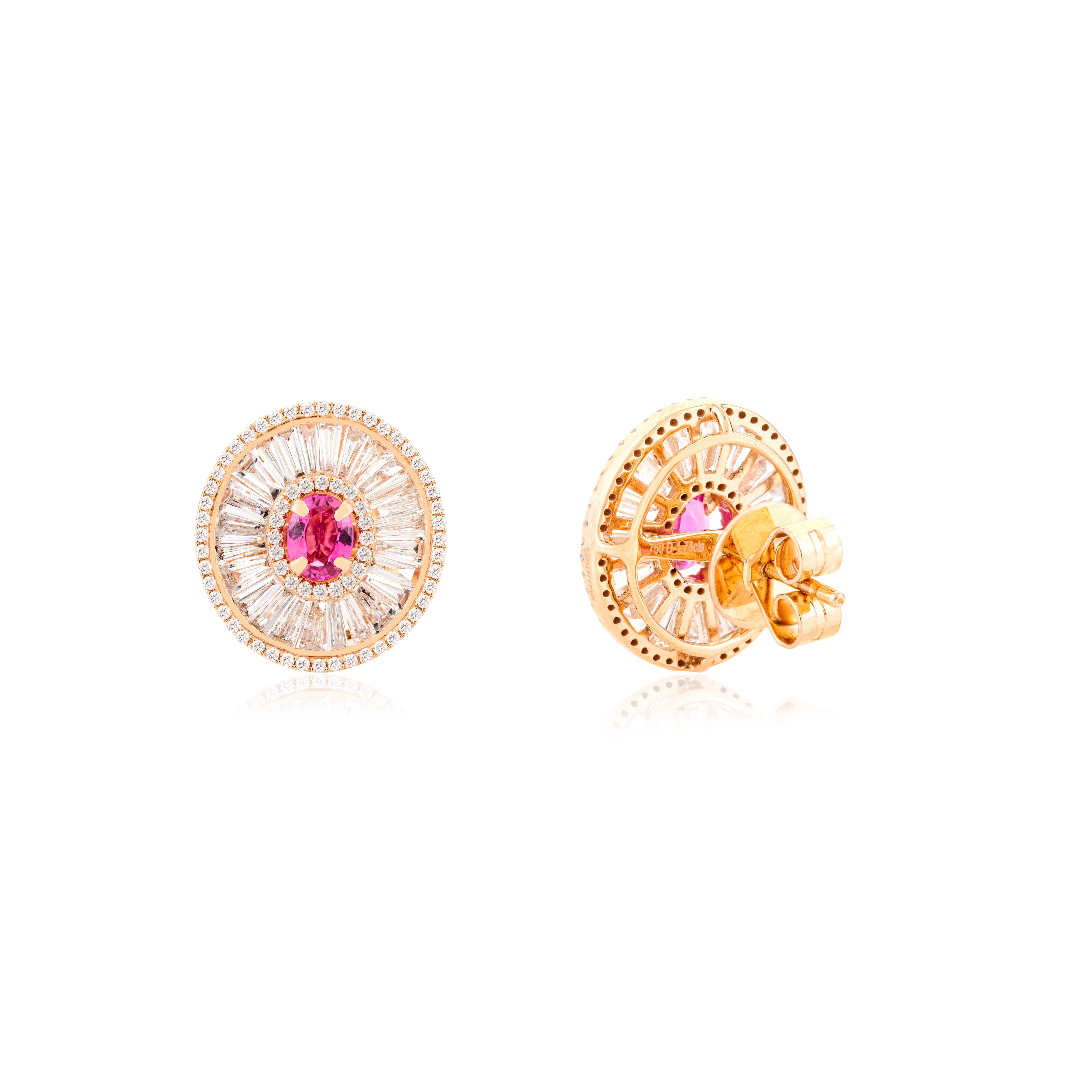 Ruby Diamond Baguette Diamond Oval Wedding Stud Earrings in 18k Rose Gold In New Condition For Sale In New York, NY