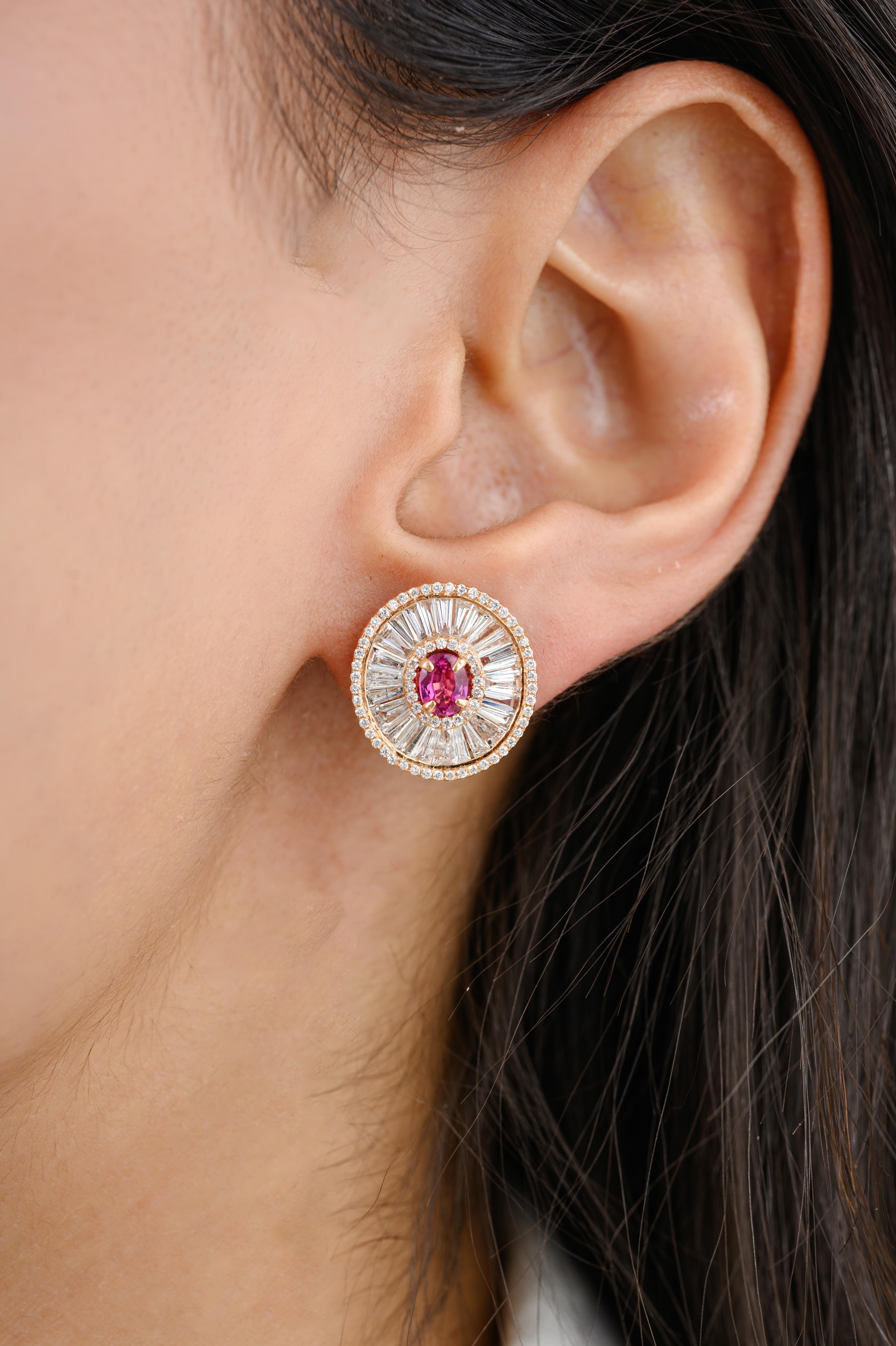 Women's Ruby Diamond Baguette Diamond Oval Wedding Stud Earrings in 18k Rose Gold For Sale