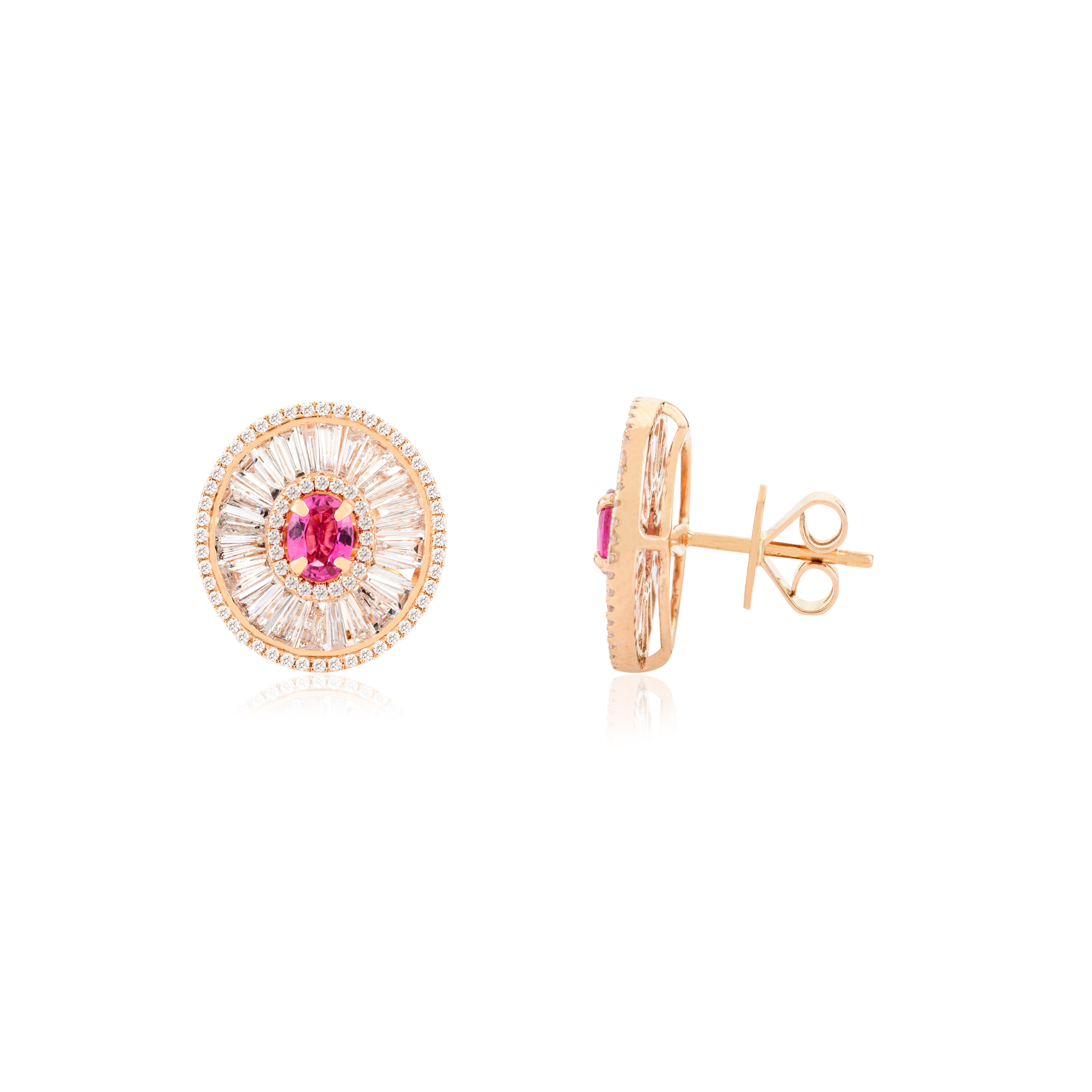 Ruby Diamond Baguette Diamond Oval Wedding Stud Earrings in 18k Rose Gold For Sale 1