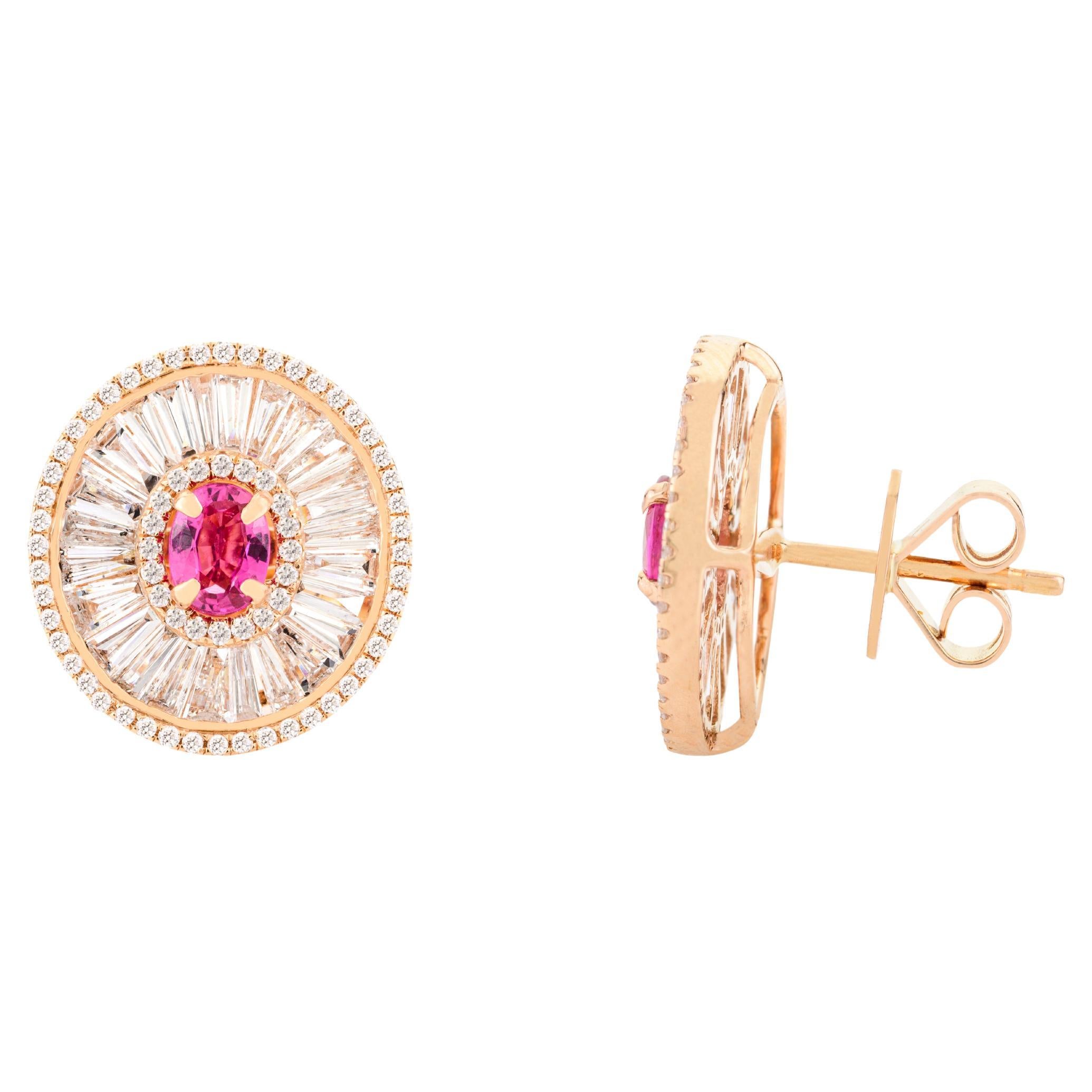 Ruby Diamond Baguette Diamond Oval Wedding Stud Earrings in 18k Rose Gold For Sale