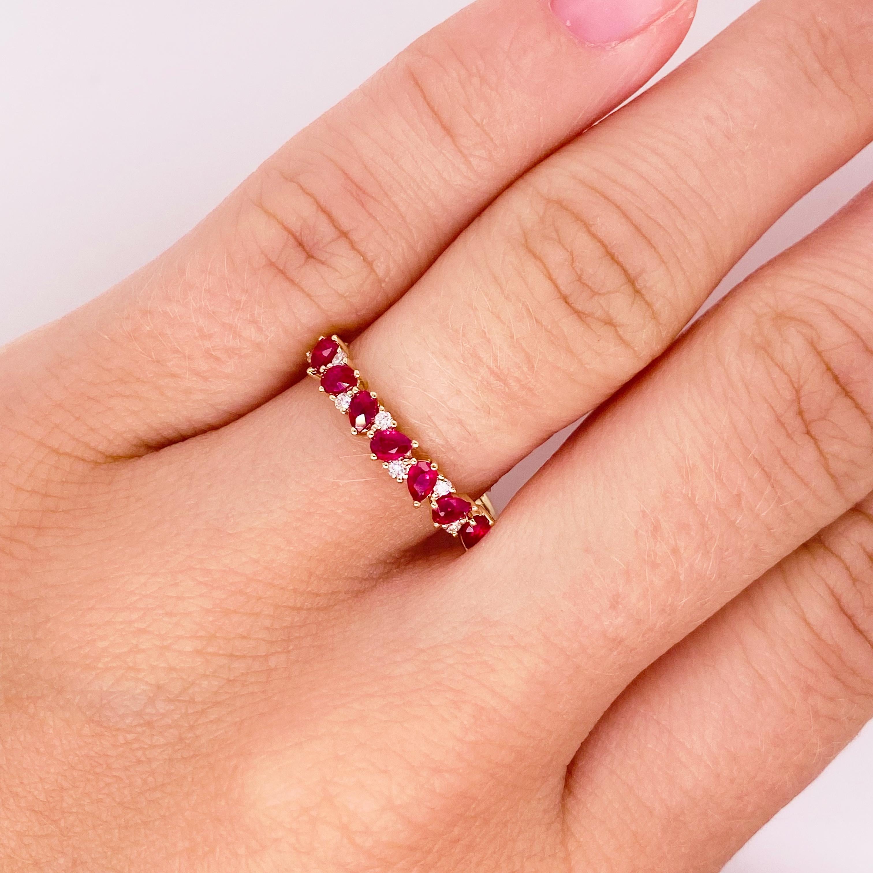 For Sale:  Ruby Diamond Band 14K Gold Pear Shape Ruby Interesting Stackable Band, Sizable 2