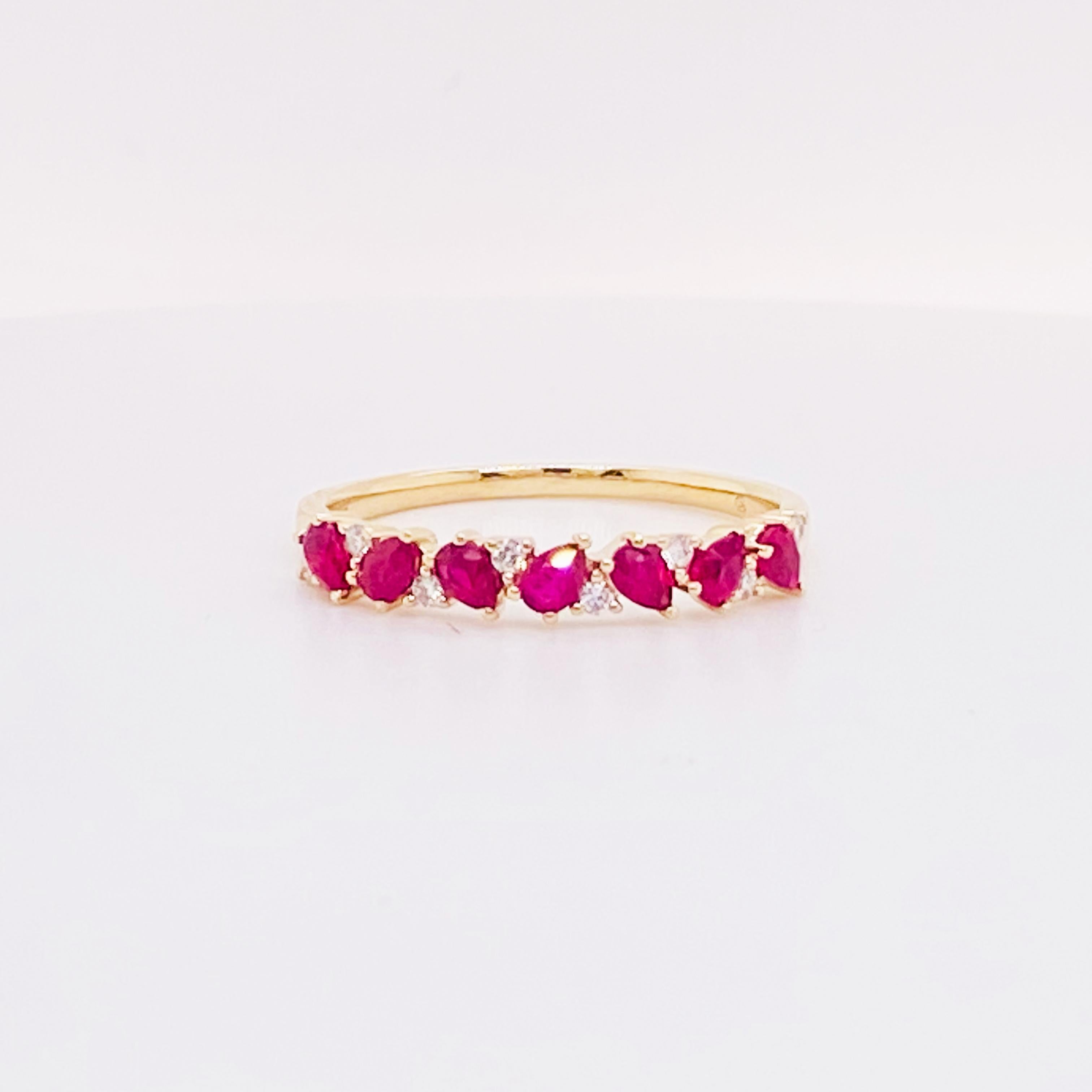 For Sale:  Ruby Diamond Band 14K Gold Pear Shape Ruby Interesting Stackable Band, Sizable 4