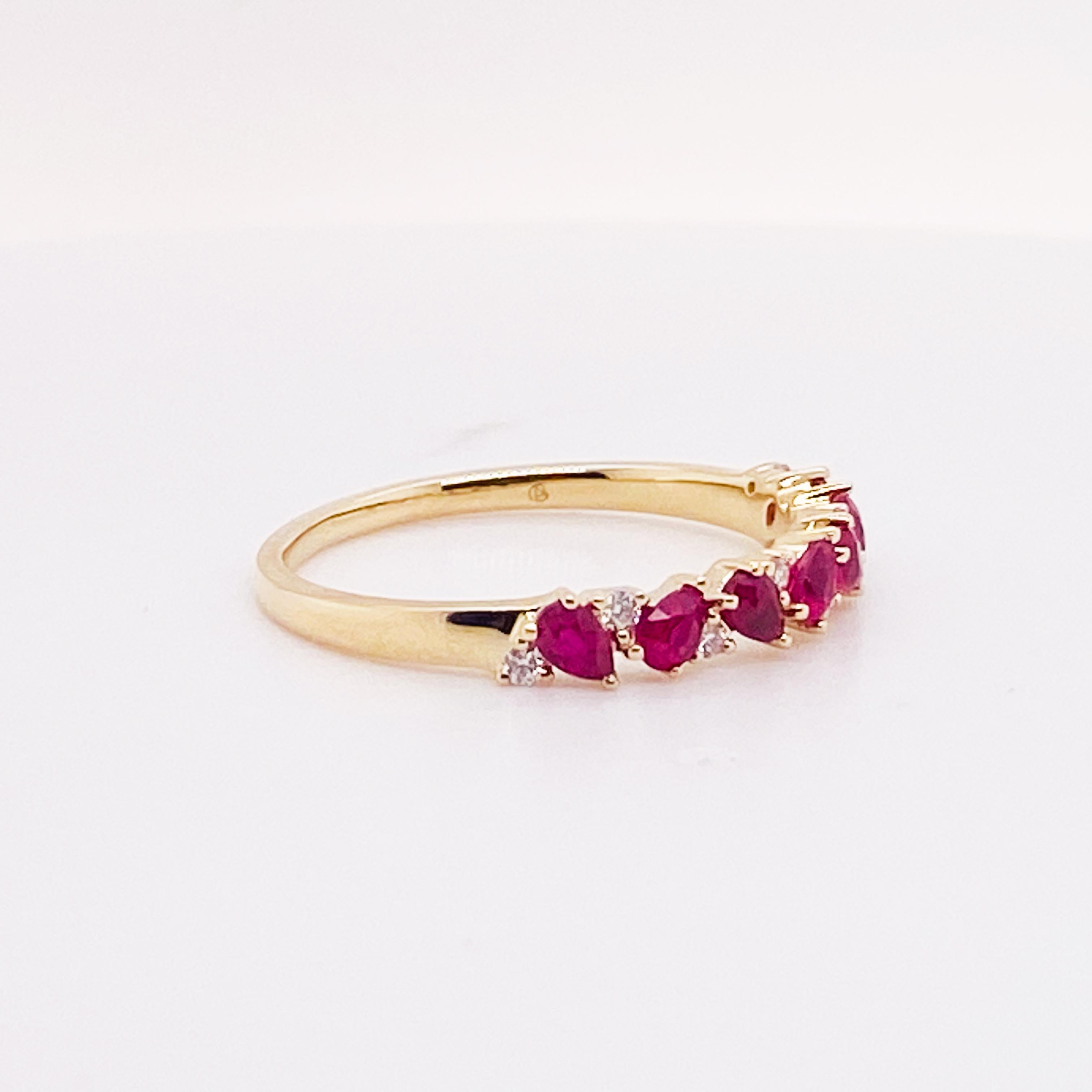 For Sale:  Ruby Diamond Band 14K Gold Pear Shape Ruby Interesting Stackable Band, Sizable 6