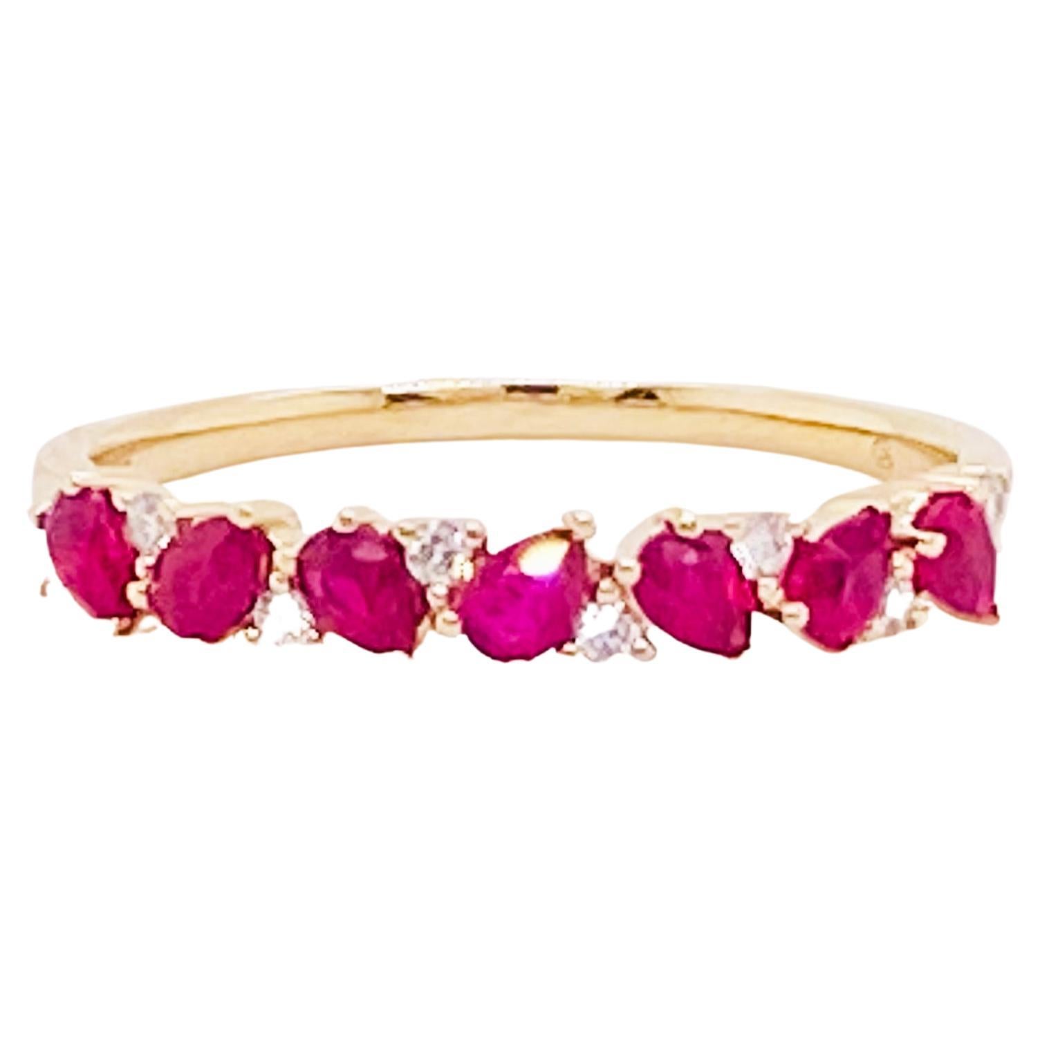 Ruby Diamond Band 14K Gold Pear Shape Ruby Interesting Stackable Band, Sizable