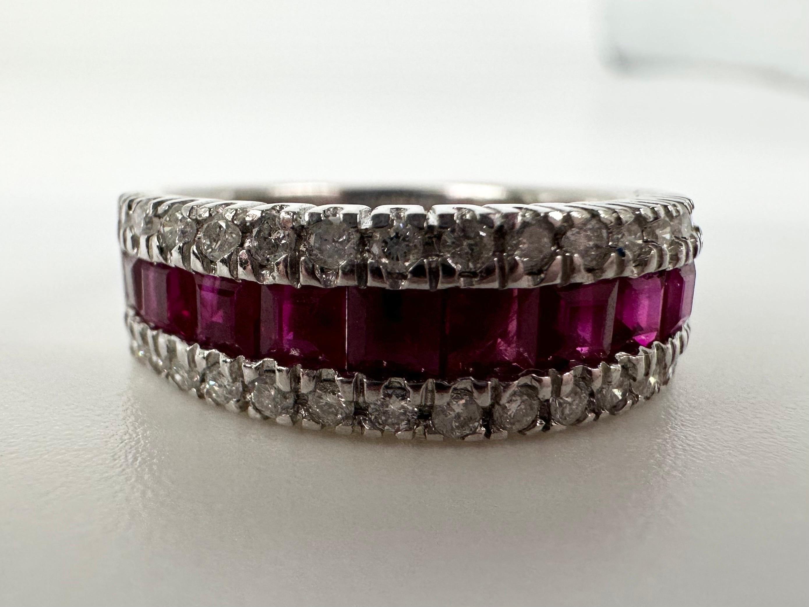 Fancy band with natural diamonds and rubies made in 14KT white gold excellent craftmanship and incredible color rubies. 

GOLD: 14KT gold
NATURAL DIAMOND(S)
Clarity/Color: SI/H
Carat:0.66ct
Cut:Round Brilliant
NATURAL RUBY(S)
Clarity/Color: Slightly