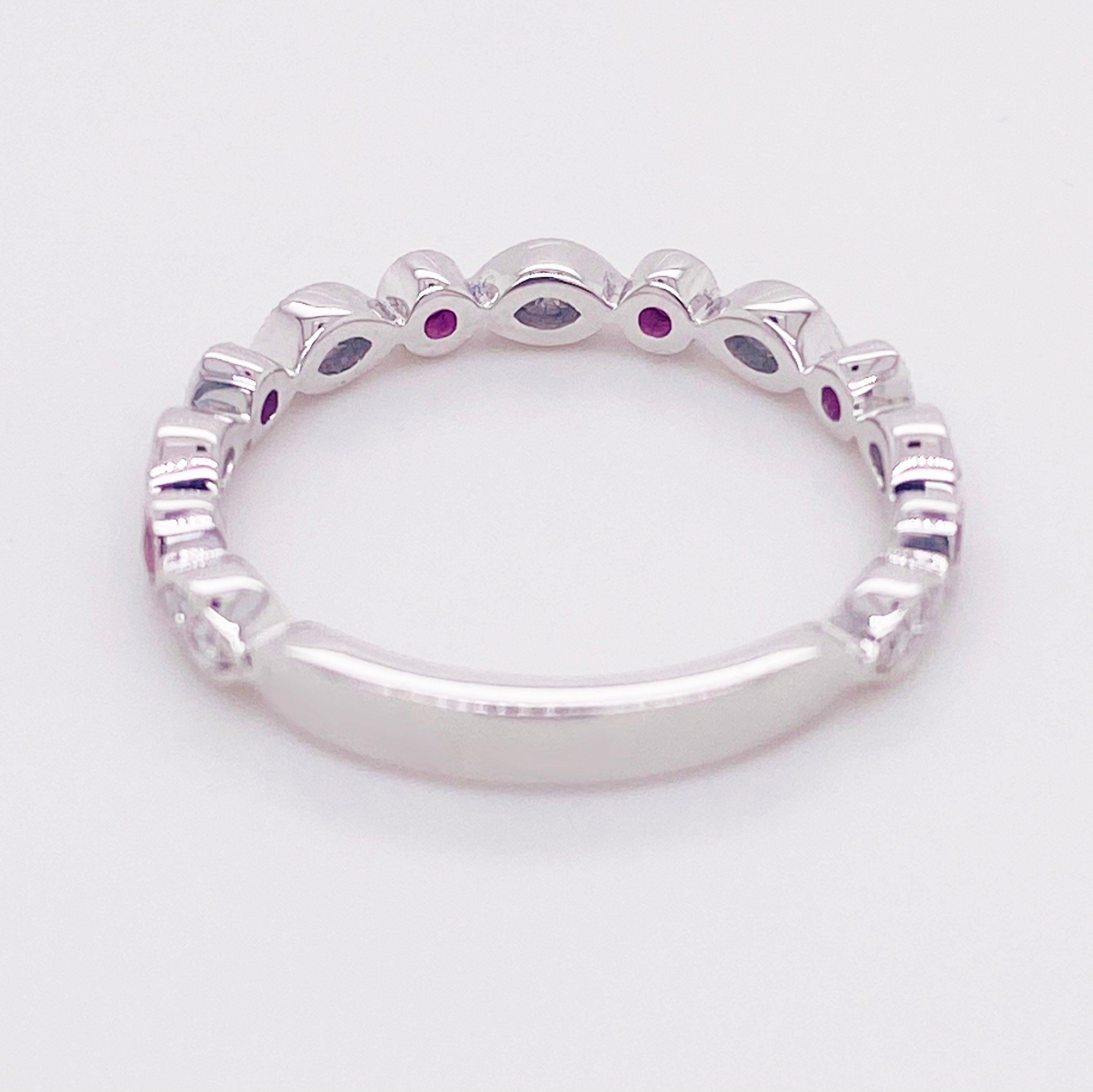Anello con diamante e rubino, oro bianco 14 carati, fascia nuziale, fascia impilabile 5