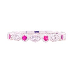 Anello con diamante e rubino, oro bianco 14 carati, fascia nuziale, fascia impilabile
