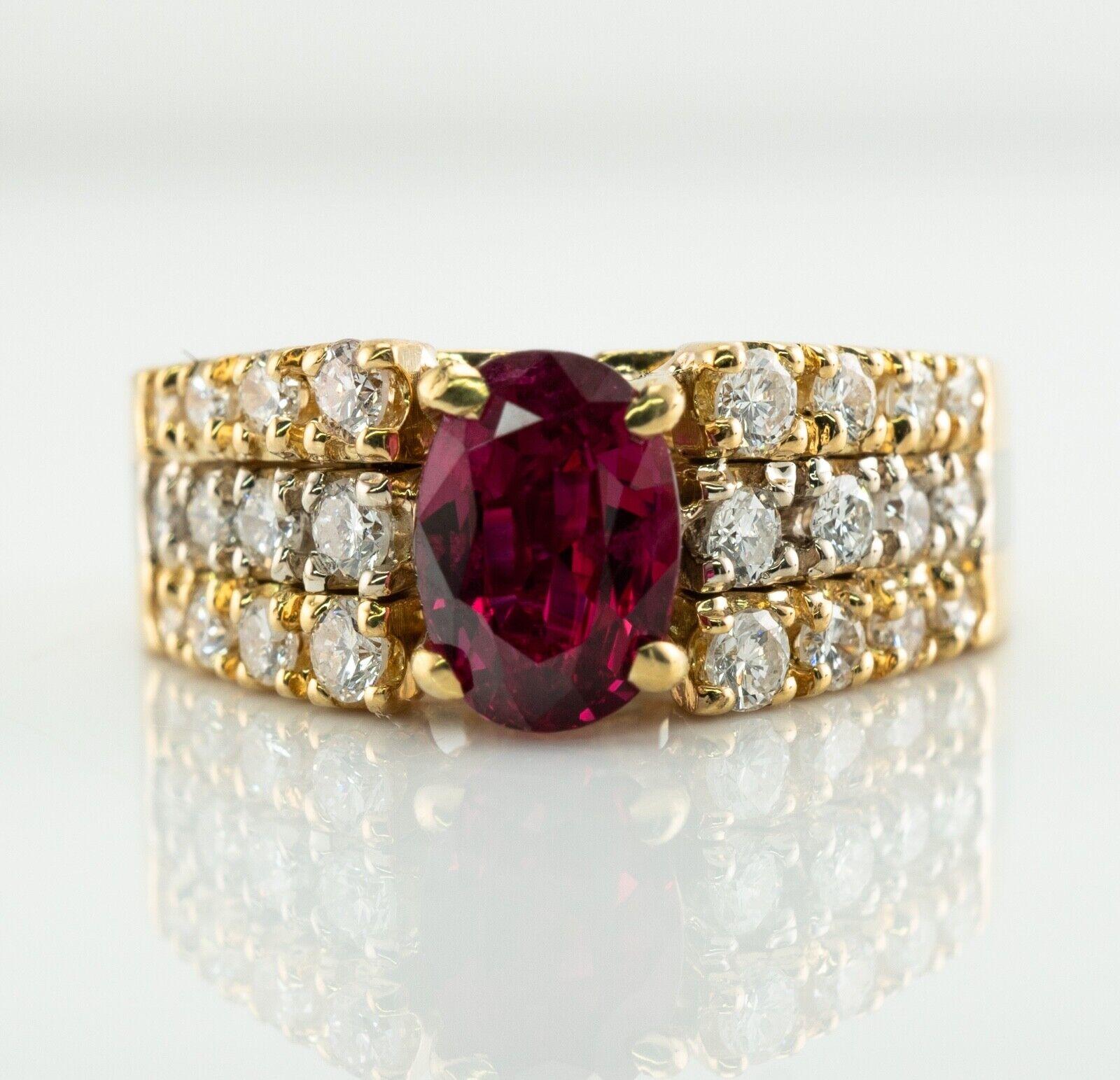 Natural Ruby Diamond Band Ring 18K Gold Vintage

This vintage ring is made in solid 18K Yellow Gold.
It has inscription inside of the shank dated 2.14.82.
The center natural Earth mined Ruby measures 7x5mm (.90 carat).
This stone is very clean and