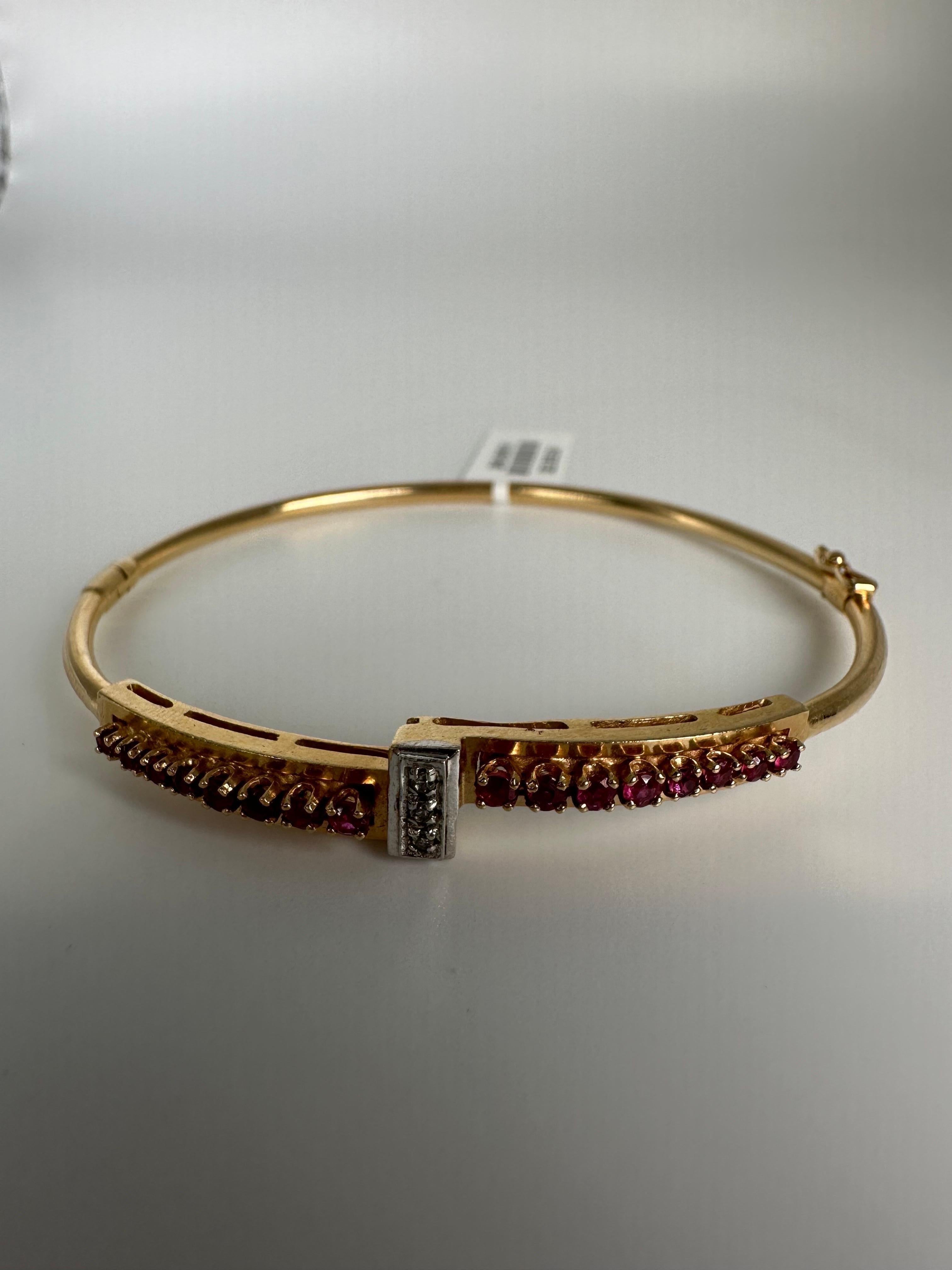 Women's or Men's Ruby diamond bangle bracelet 14KT yellow gold For Sale